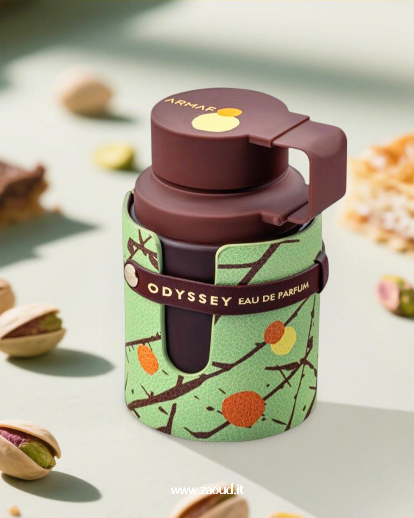 Armaf Odyssey Eau De Parfum in a vibrant green bottle, featuring a pistachio design, with a brown cap and decorative band. Perfect for fragrance enthusiasts looking for a unique scent.