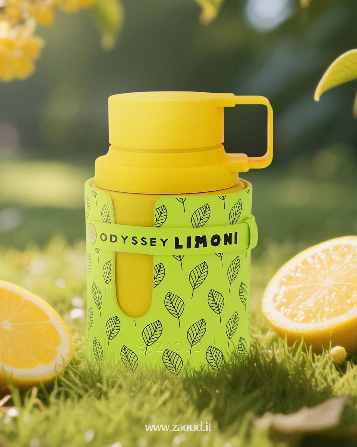 Armaf Odyssey Limoni perfume vibrant yellow bottle adorned with green leaf patterns, placed on grassy ground surrounded by fresh lemon slices and a sunny, natural backdrop.
