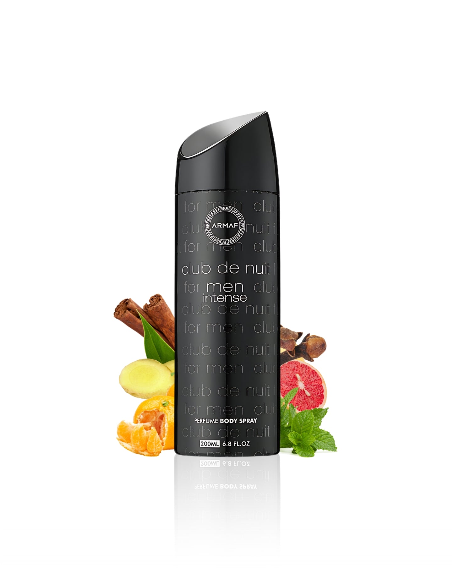 armaf club de nuit intense man deodorant bodyspray bottle surrounded by patchouli mandarin against white background
