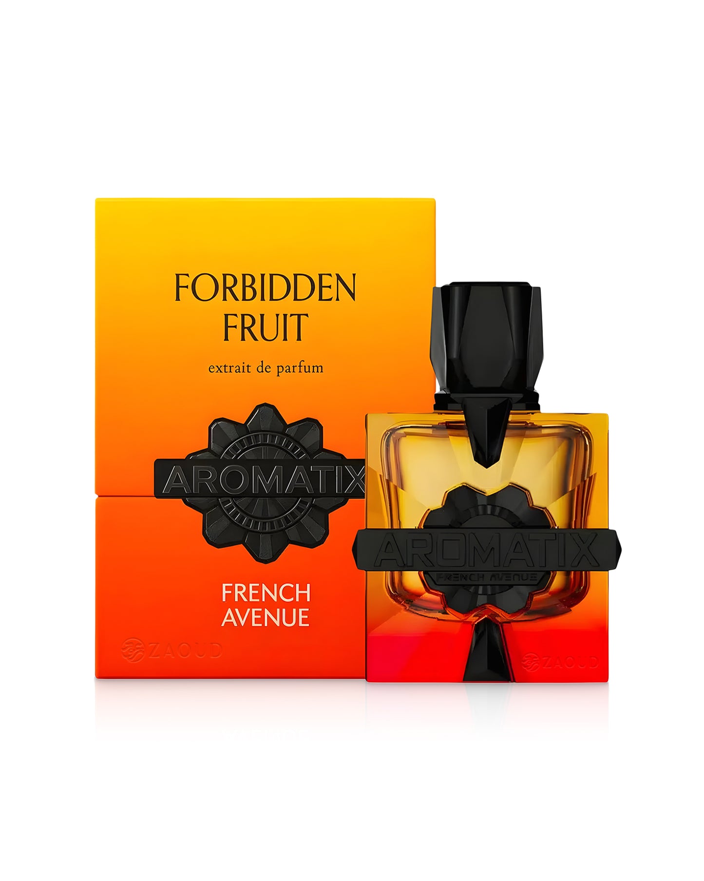 aromatix forbidden fruit perfume bottle shows beside its packaging against white background