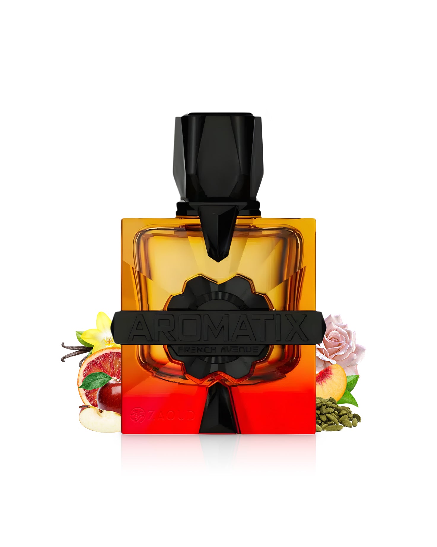 aromatix forbidden fruit perfume bottle surrounded by fragrance notes like apple and peach shows against white background