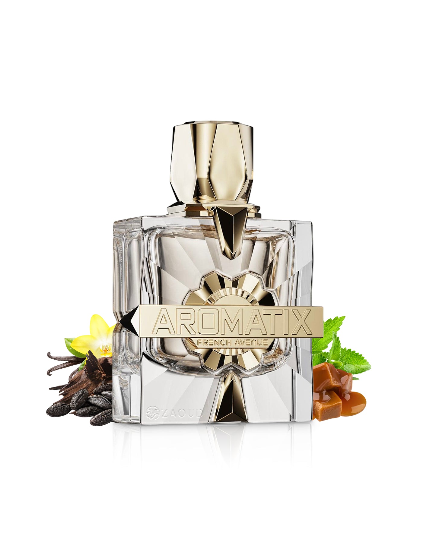 aromatix x xandal perfume bottle surrounded with fragrance notes like caramel and vanilla shows against white background