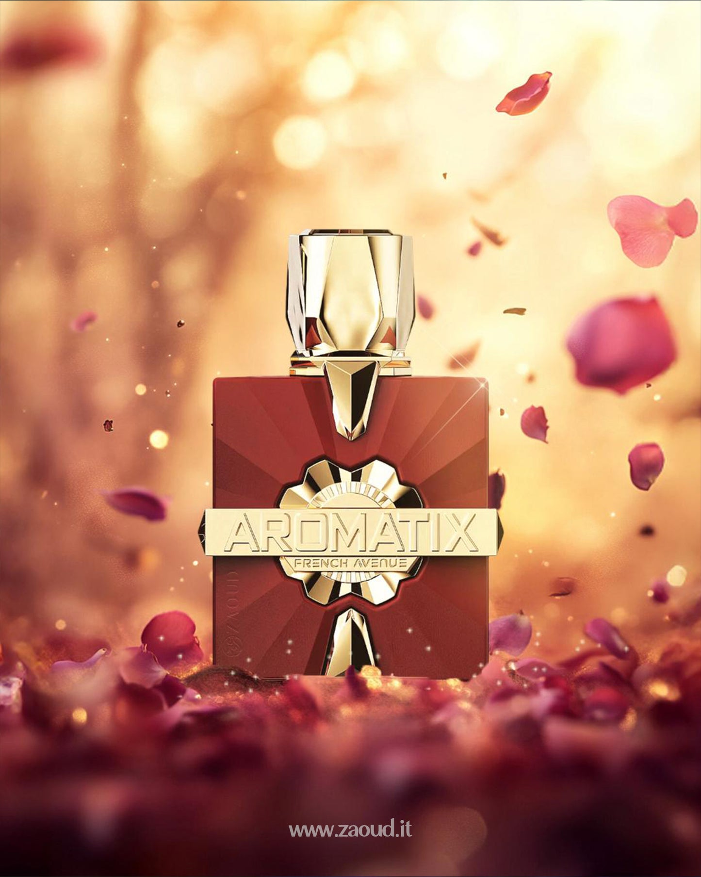 aromatix carnal desire perfume bottle photograph surrounded with flying petals with blurry background