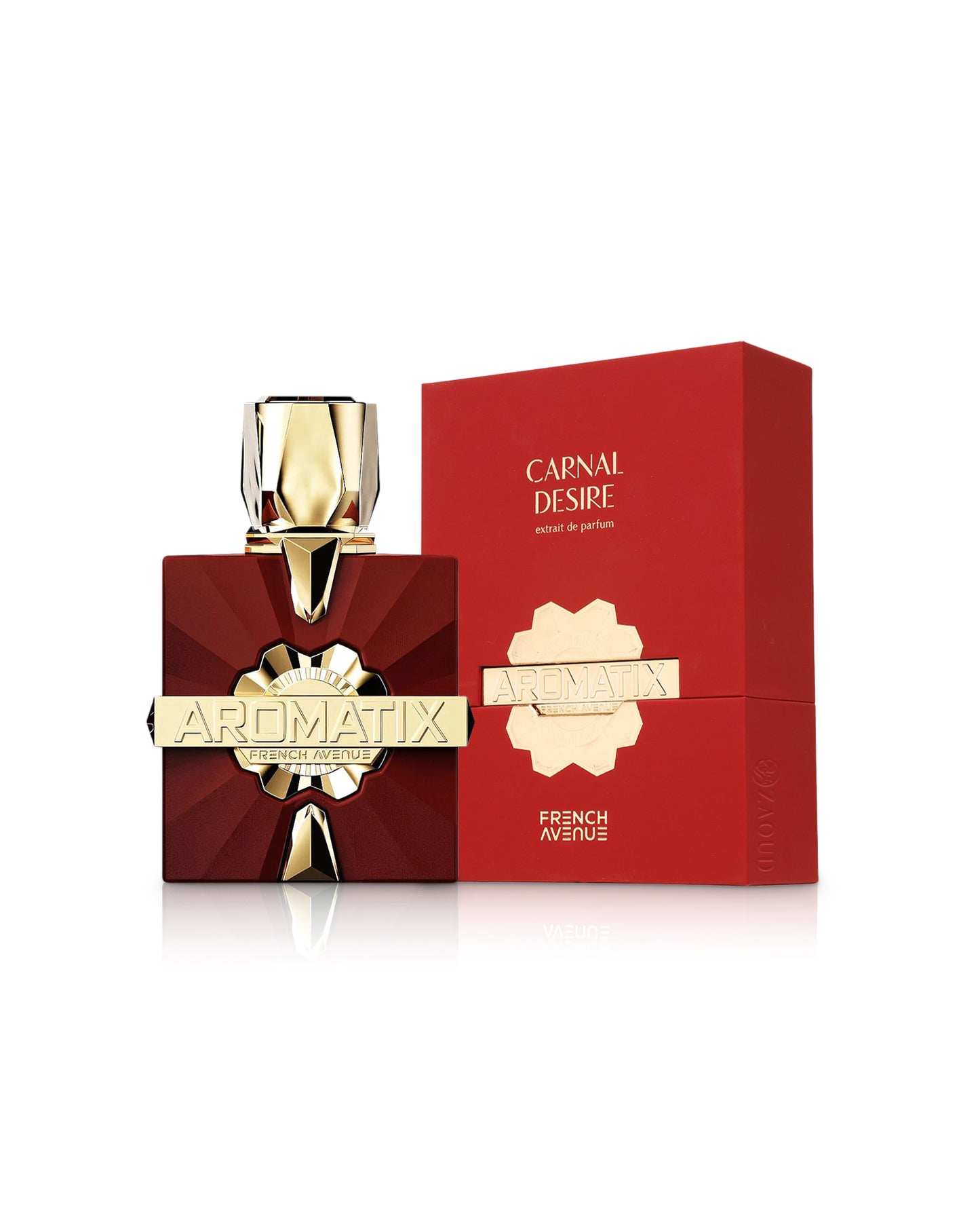 aromatix carnal desire perfume bottle shows beside its box against white background