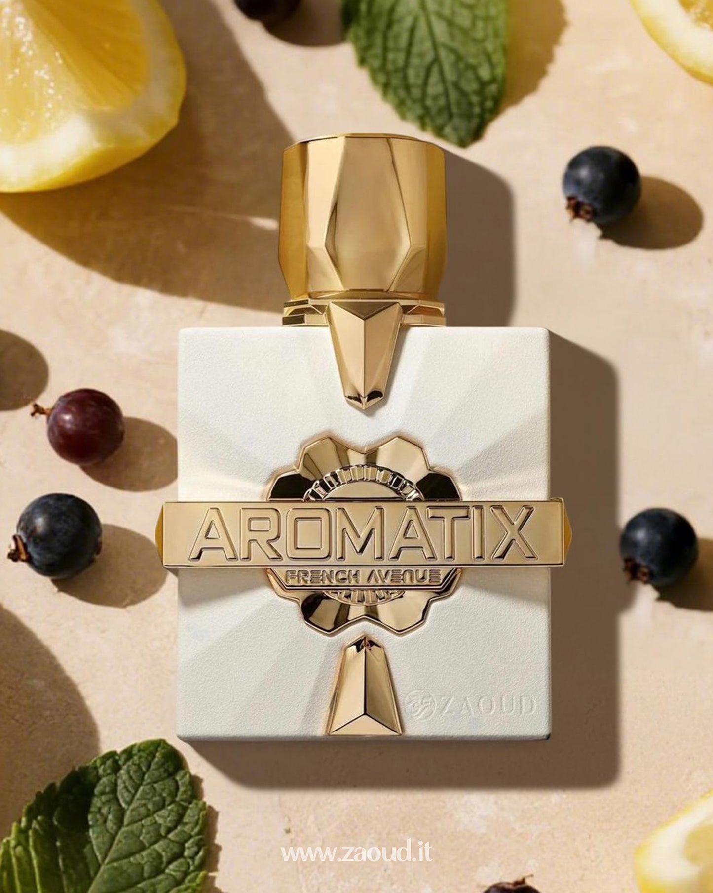 Aromatix French Avenue perfume bottle, featuring a sleek white design with a golden logo accent, surrounded by fresh lemon slices, mint leaves, and dark berries, evoking a refreshing and luxurious scent experience.