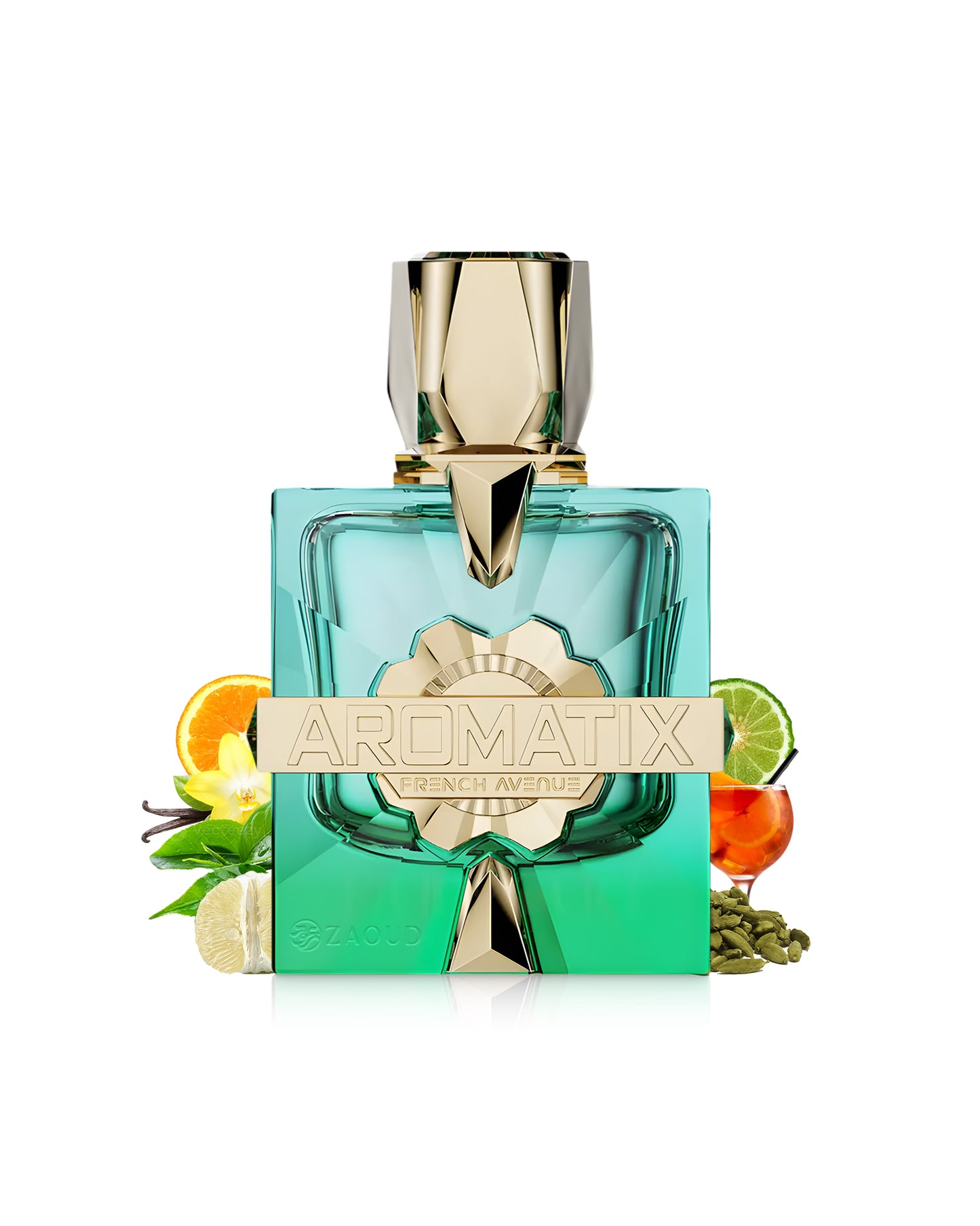 aromatix sun kissed perfume bottle surrounded by fragrance notes like pompelmo and cardamom shows against white background