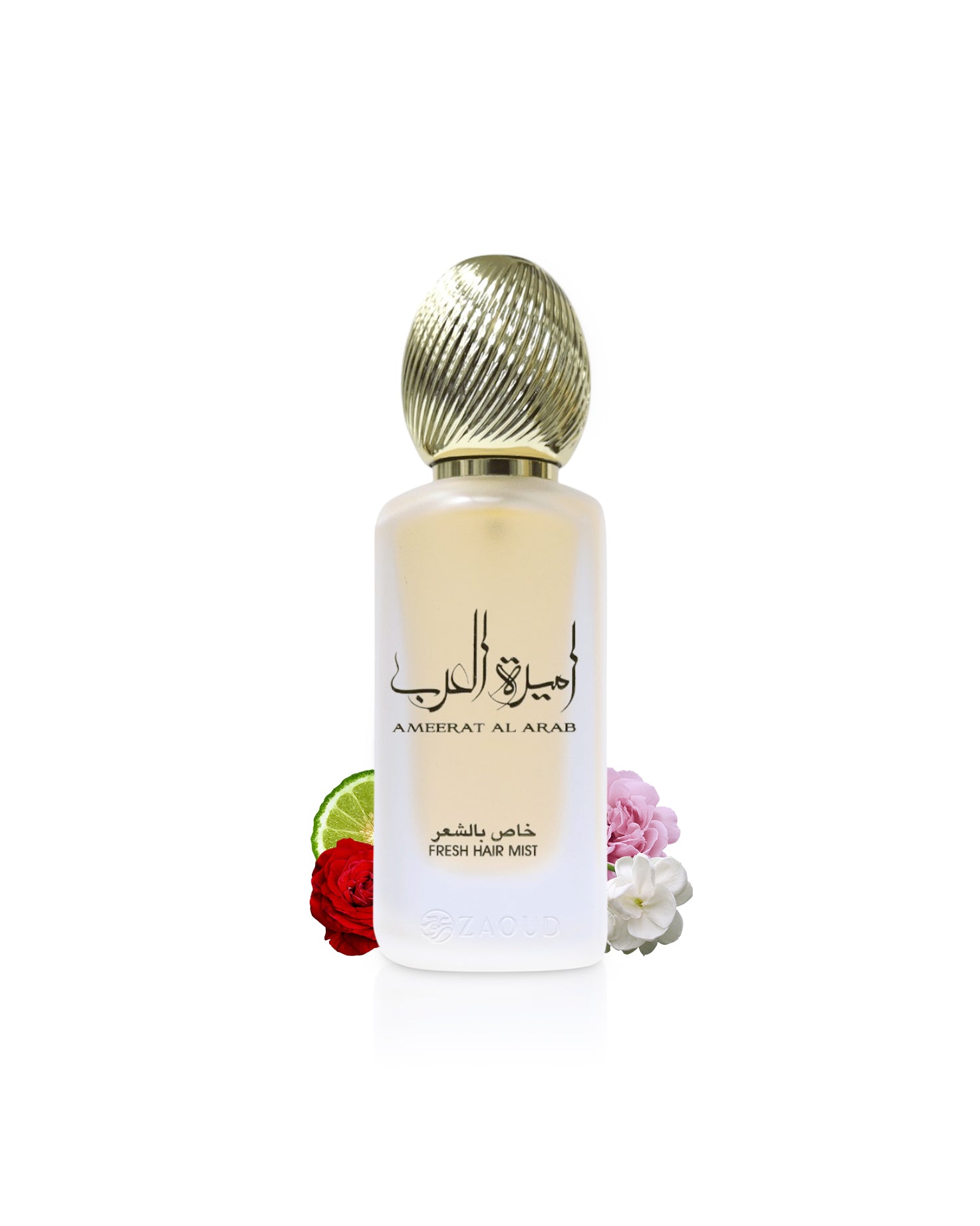 asdaaf ameerat al arab hair mist bottle surrounded with fragrance notes like flowers shows against white background
