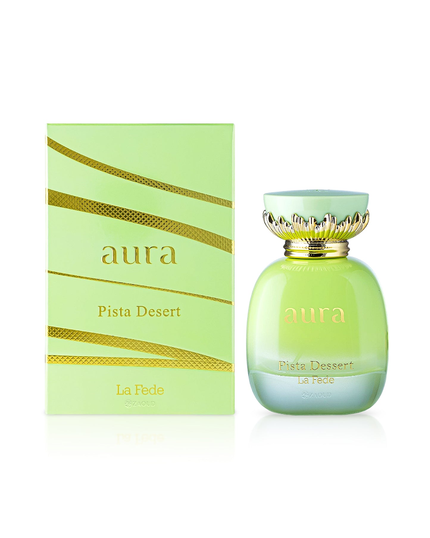 la fede aura pista dessert perfume bottle shows beside its box against white background