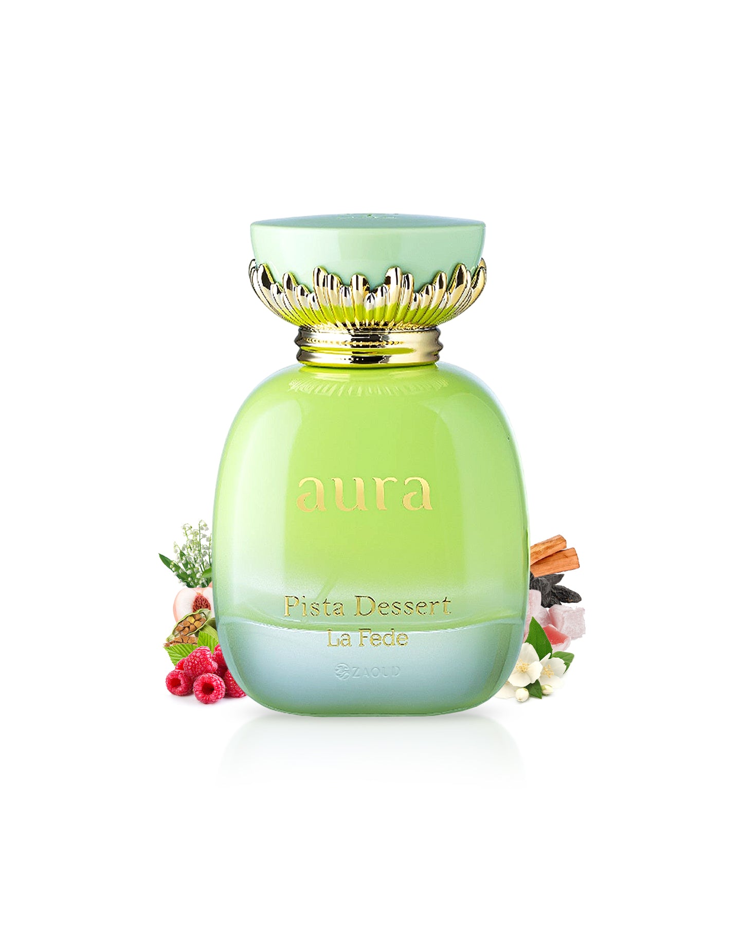 la fede aura pista dessert perfume bottle surrounded with fragrance notes like raspberry and jasmine shows against white background
