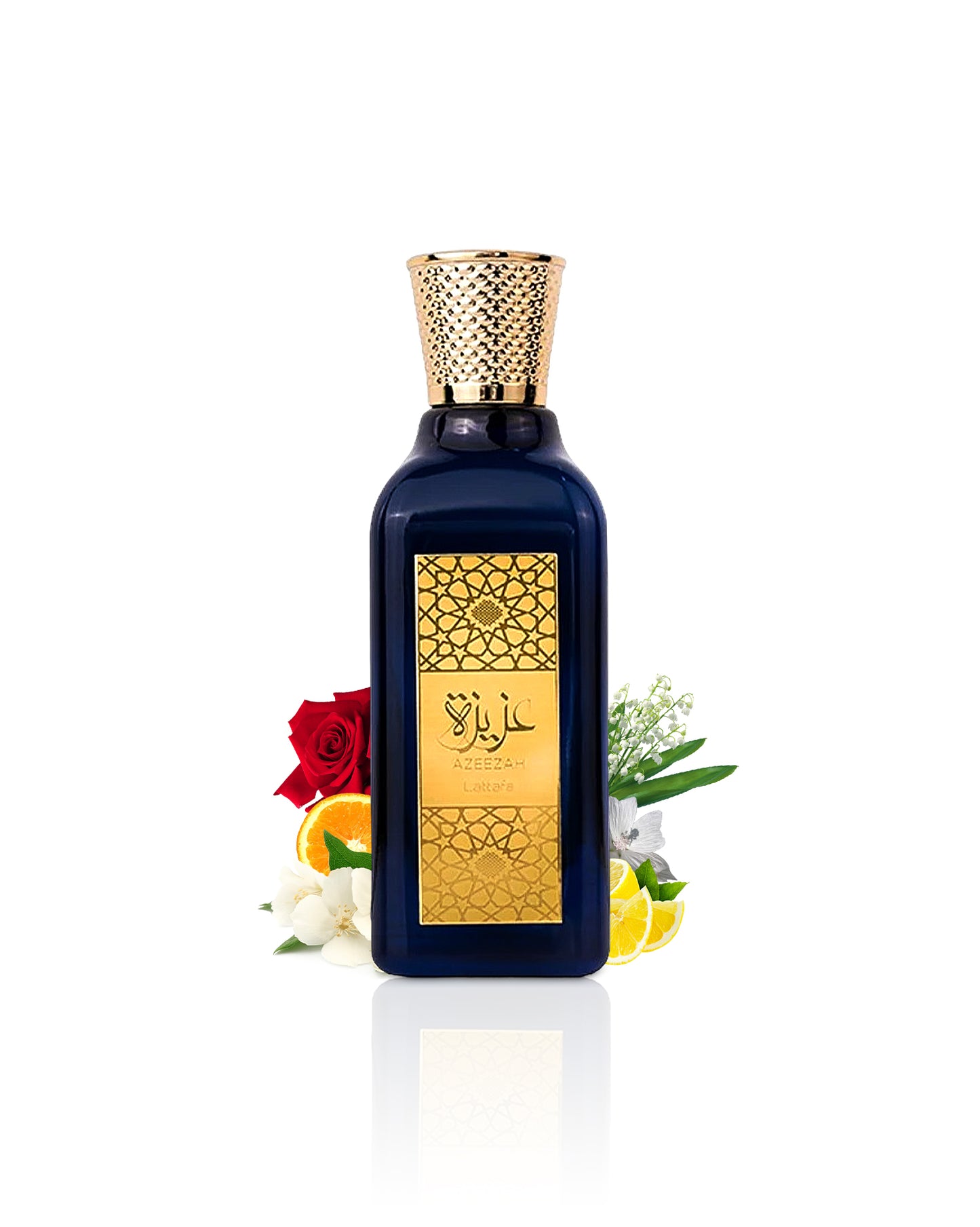 lattafa azeezah perfume bottle surrounded with its ingredients like rose and citrus with many others shows from behind the bottle against white background