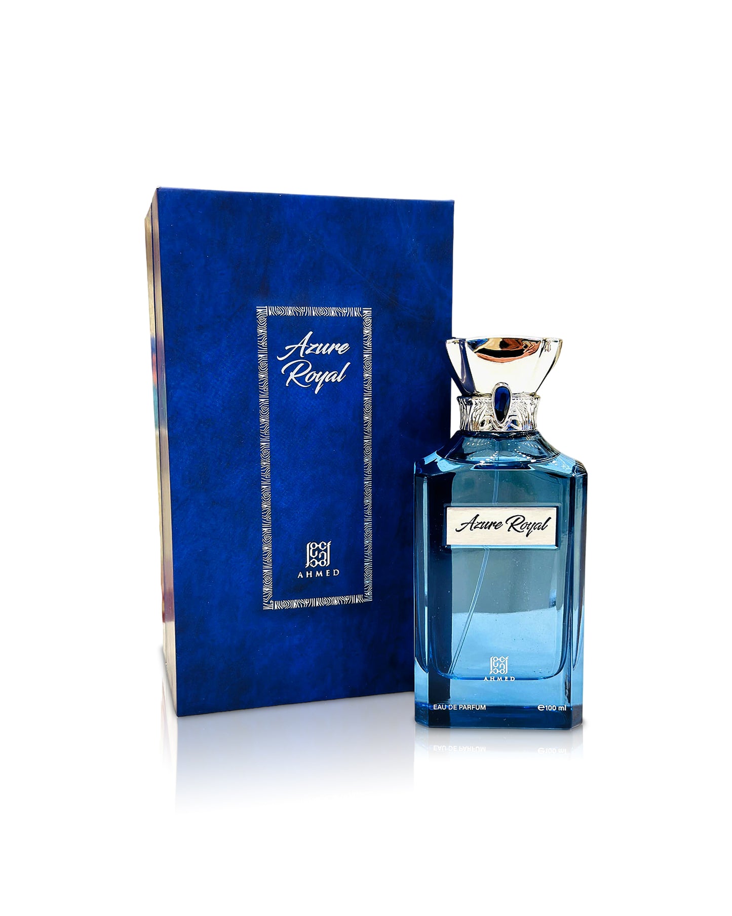 ahmed al maghribi azure royal perfume bottle shows beside its box against white background