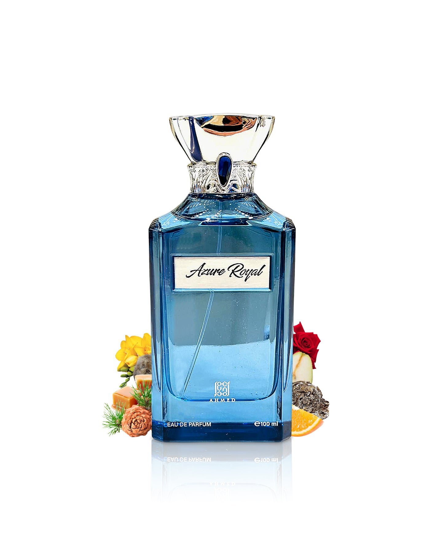 ahmed al maghribi azure royal perfume bottle surrounded with fragrance notes like roses and pear shows from behind the bottle against white background