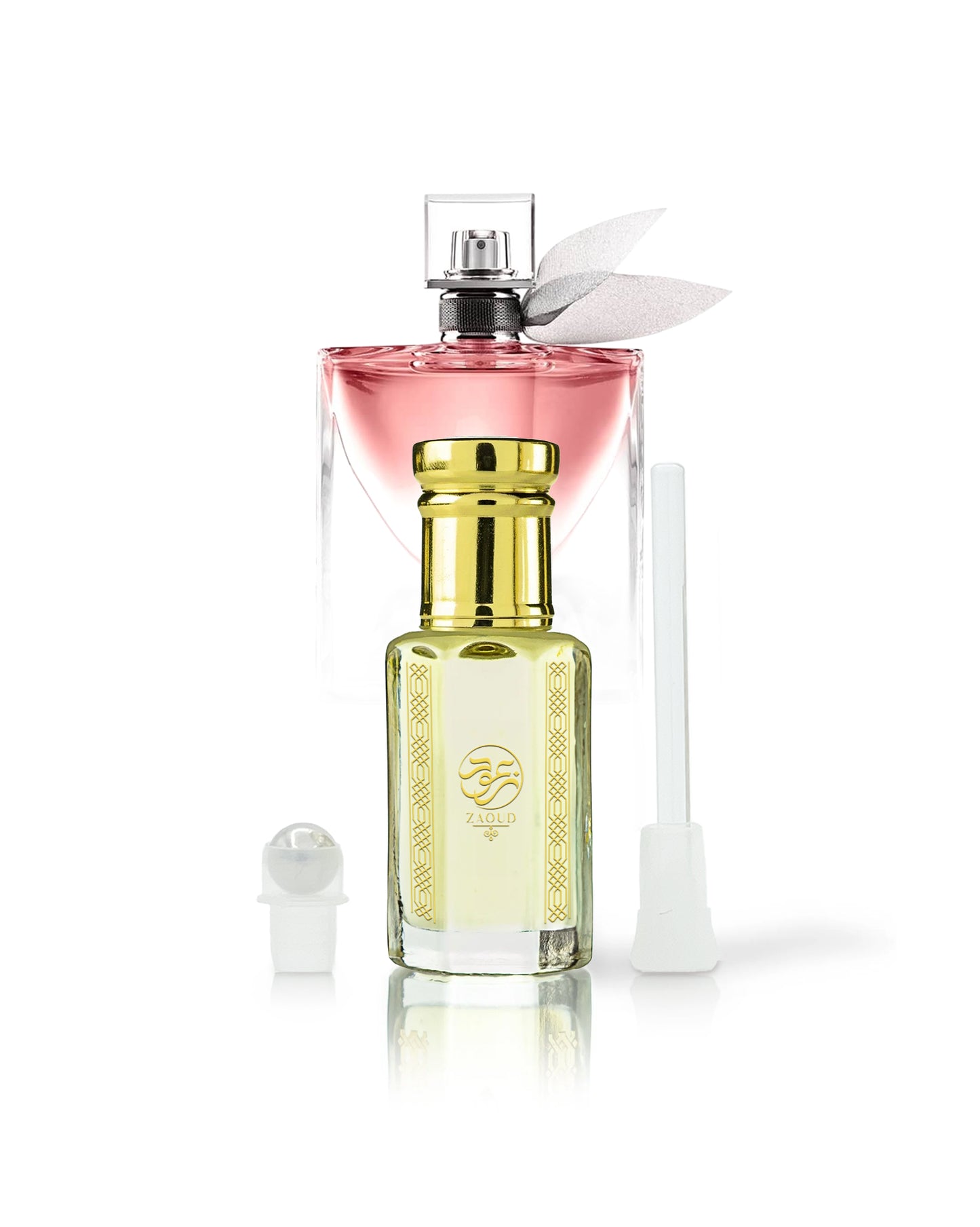 belle aura erfume oil bottle beside roller and stick with La Vie Est Belle bottle behind shows against white background