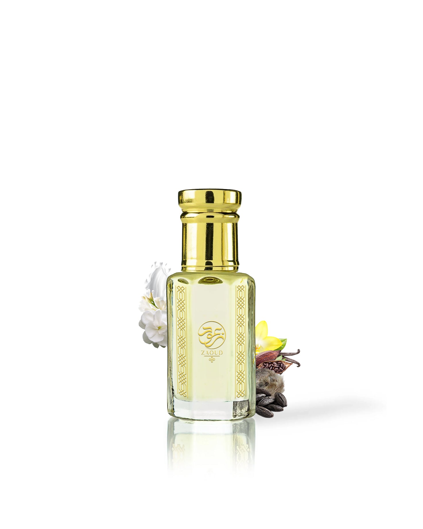 BENEDETTA PERFUME OIL bottle surrounded with fragrance notes like milk and musk shows from behind the bottle against white background