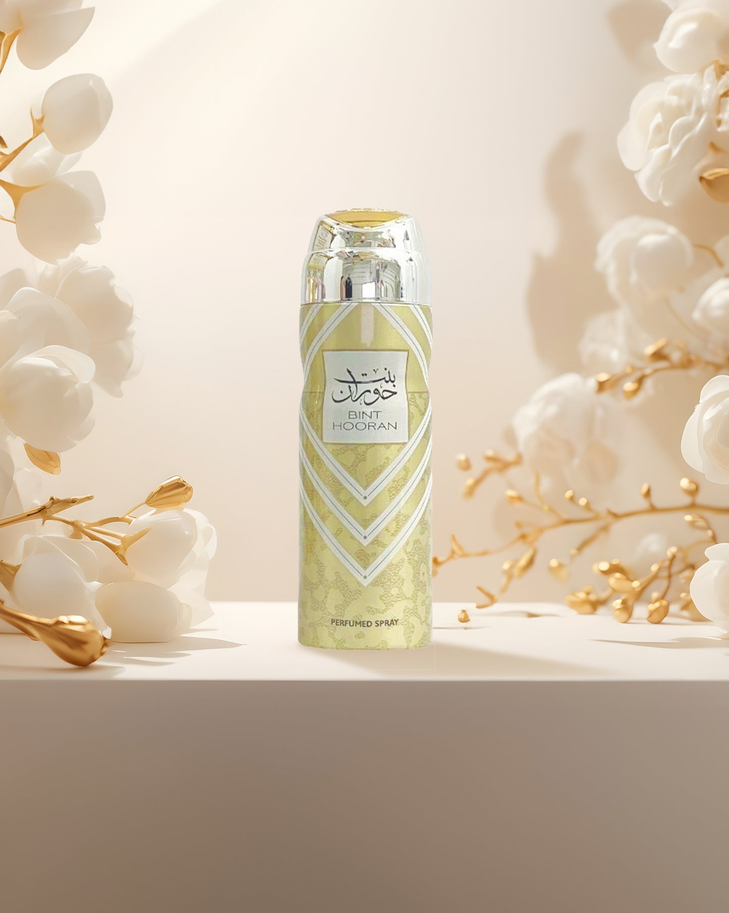 bint hooran Deodorant bottle photograph surrounded with white flowers