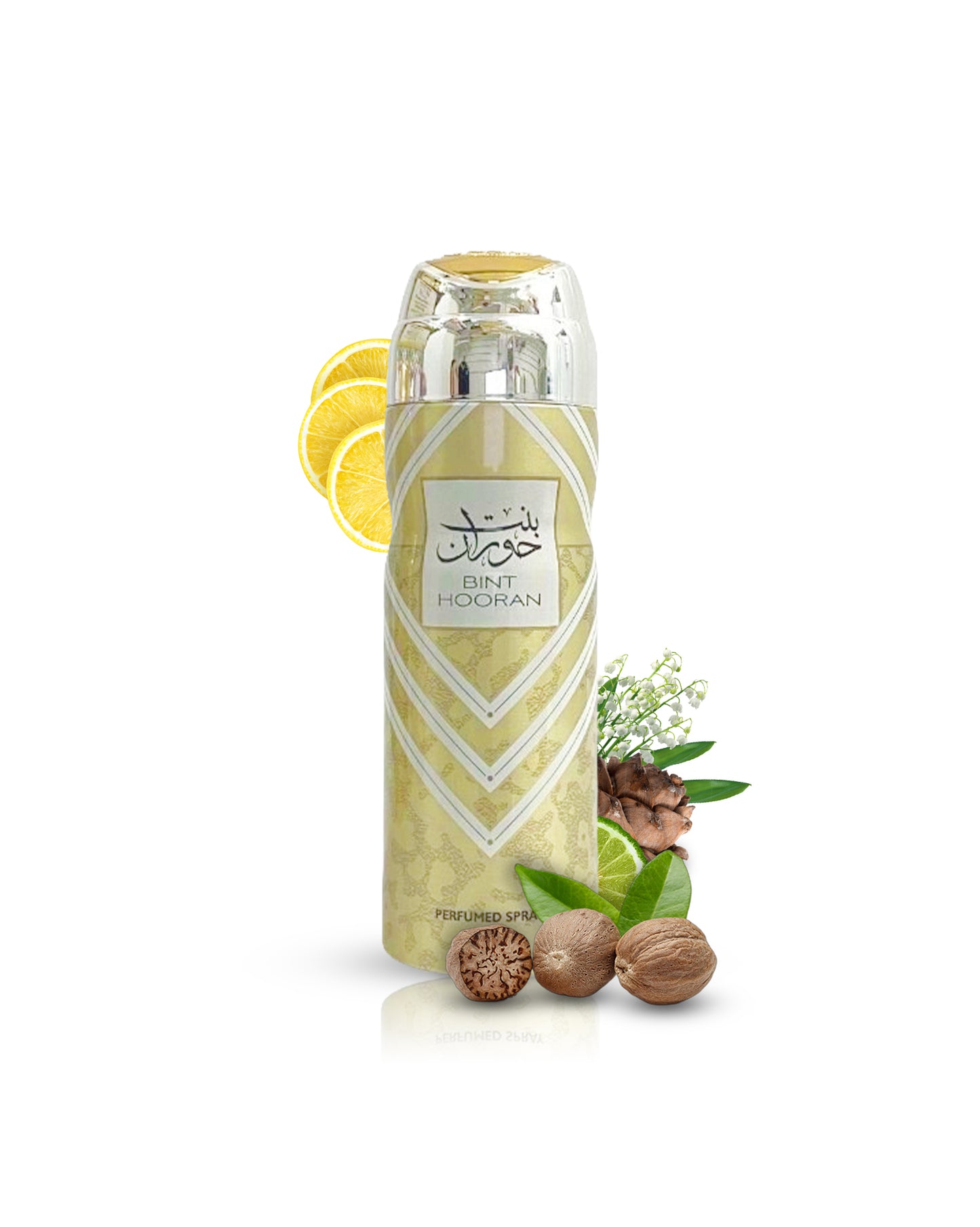 bint hooran Deodorant bottle surrounded by nutmeg lemon against white background