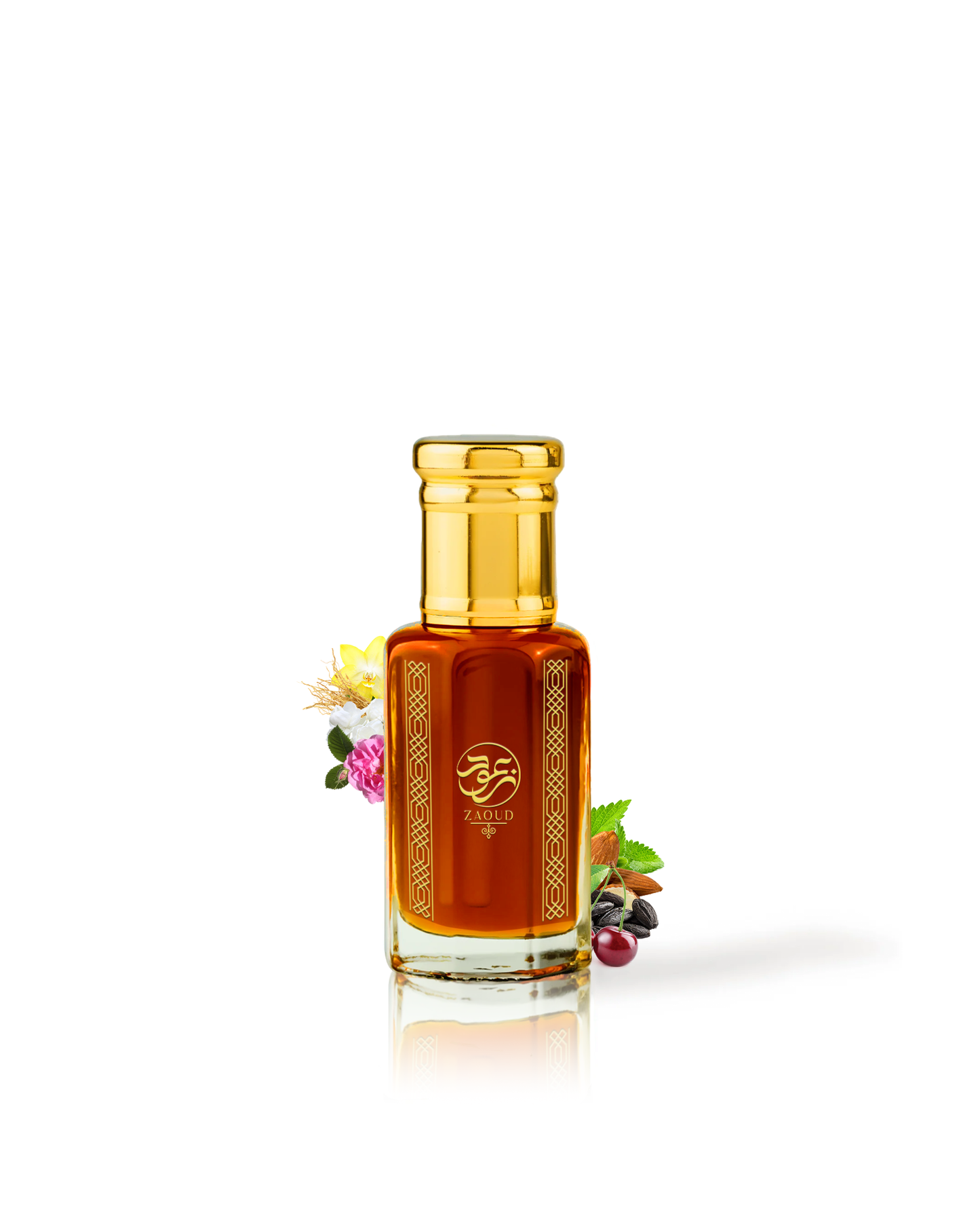 bitter kiss perfume oil bottle surrounded by fragrance notes like cherry and peony shows from behind the bottle against white background