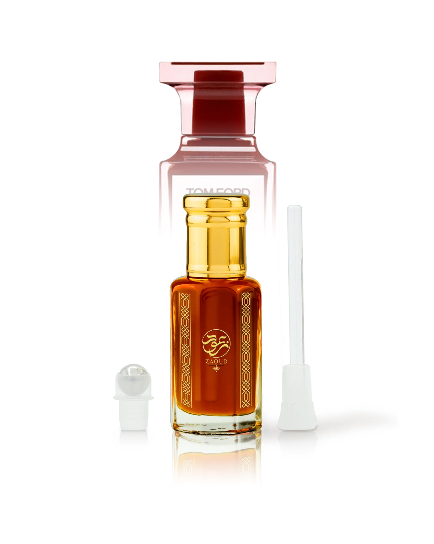 bitter kiss perfume oil bottle with tom ford lost cherry behind shows against white background