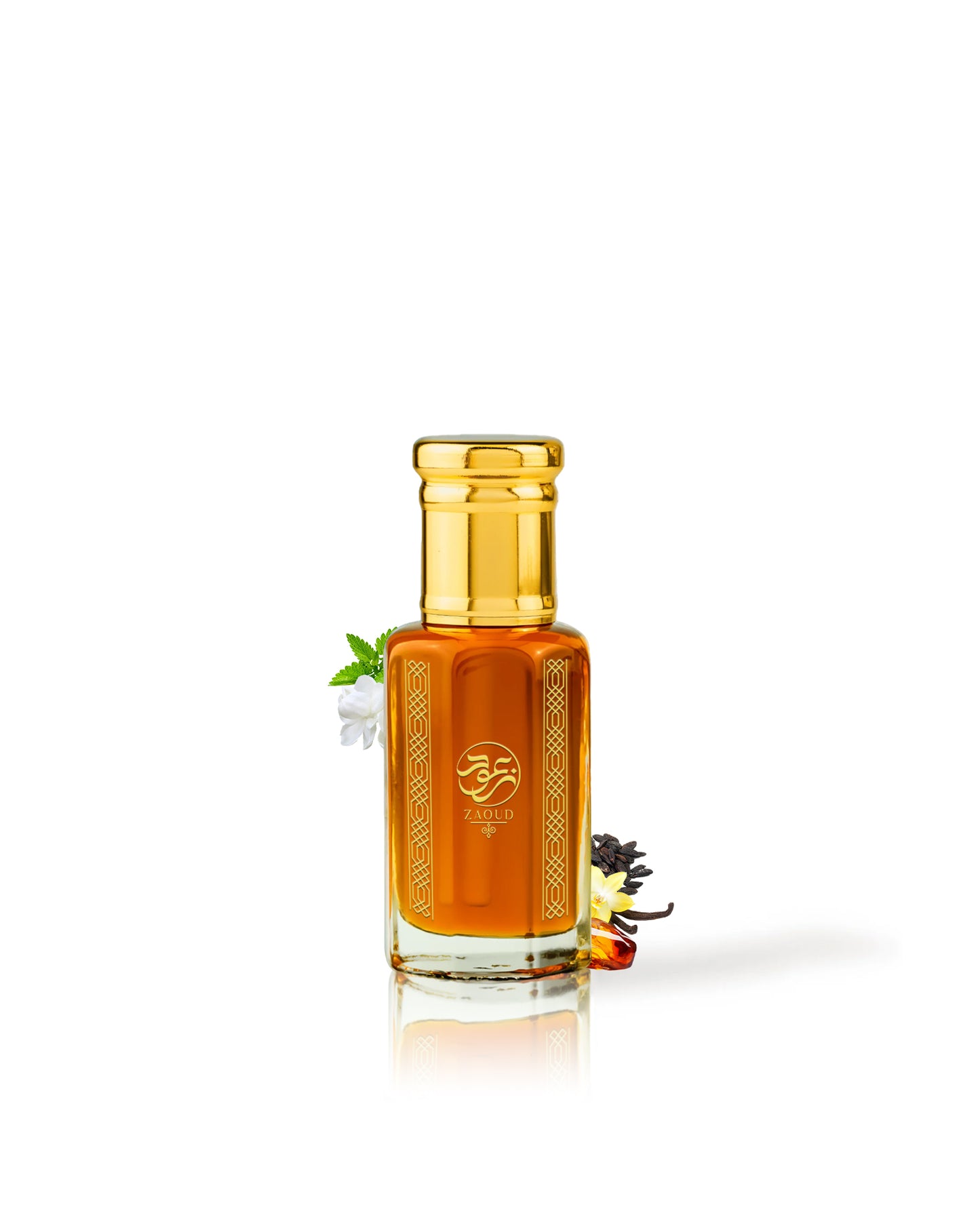 brown tonka perfume oil bottle surrounded with fragrance notes like amber and vanilla shows against white background