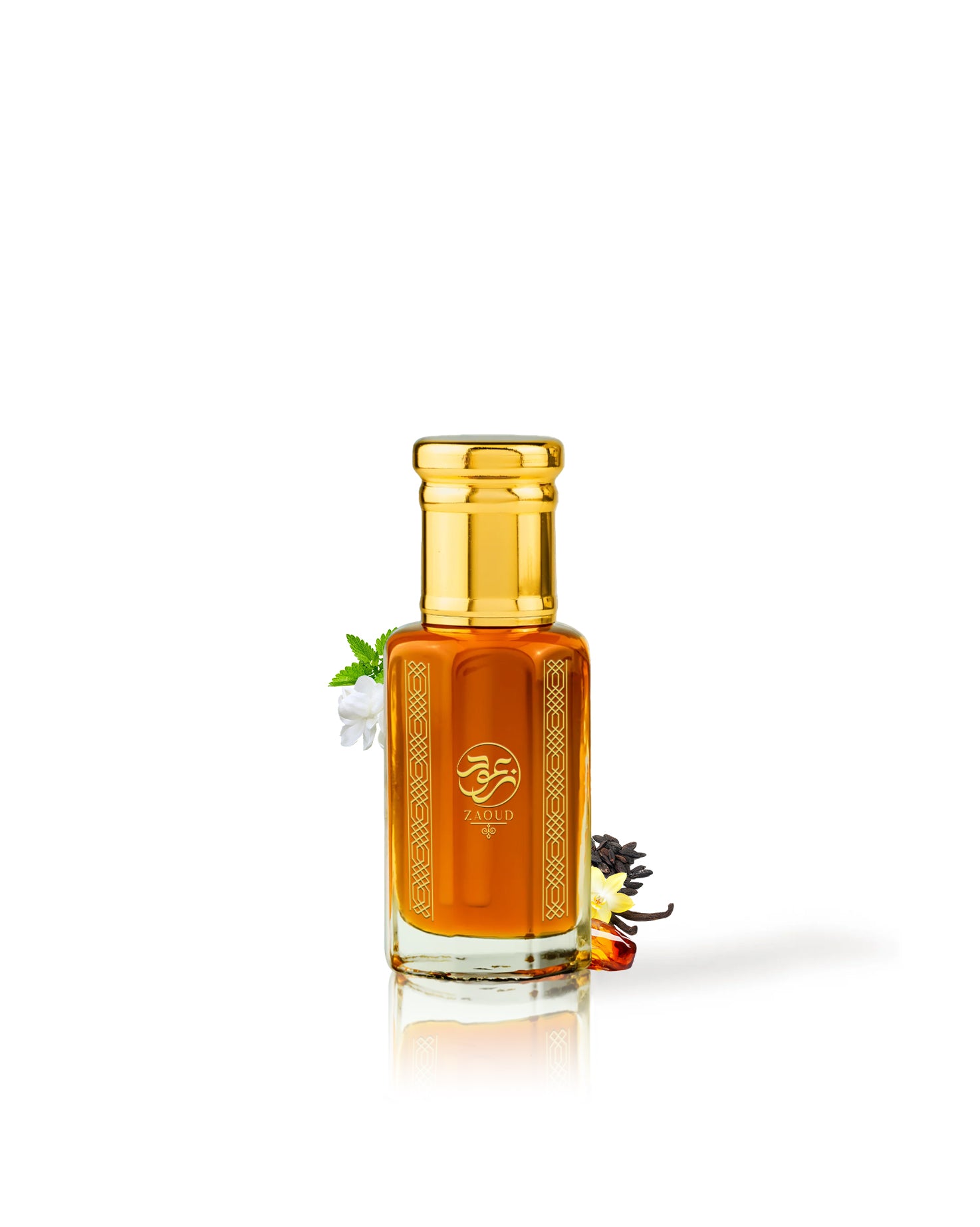 brown tonka perfume oil bottle surrounded with fragrance notes like amber and vanilla shows against white background