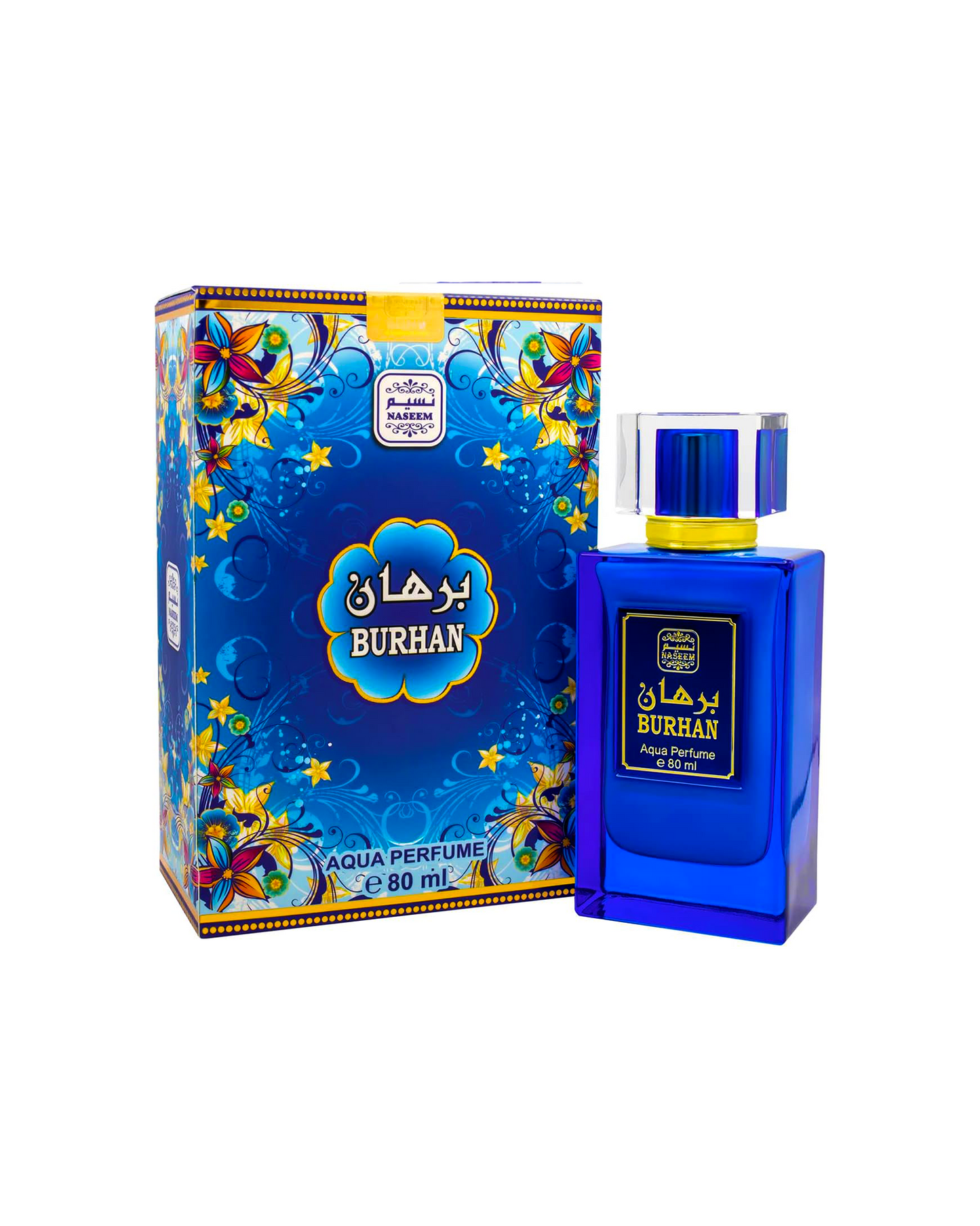 burhan aqua parfum bottle and box against white background