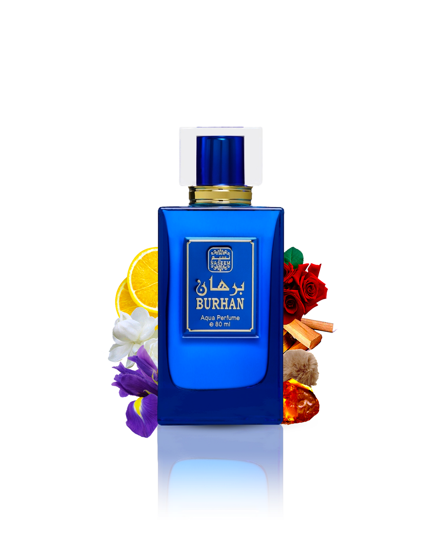burhan aqua parfum bottle surrounded by amber iris against white background