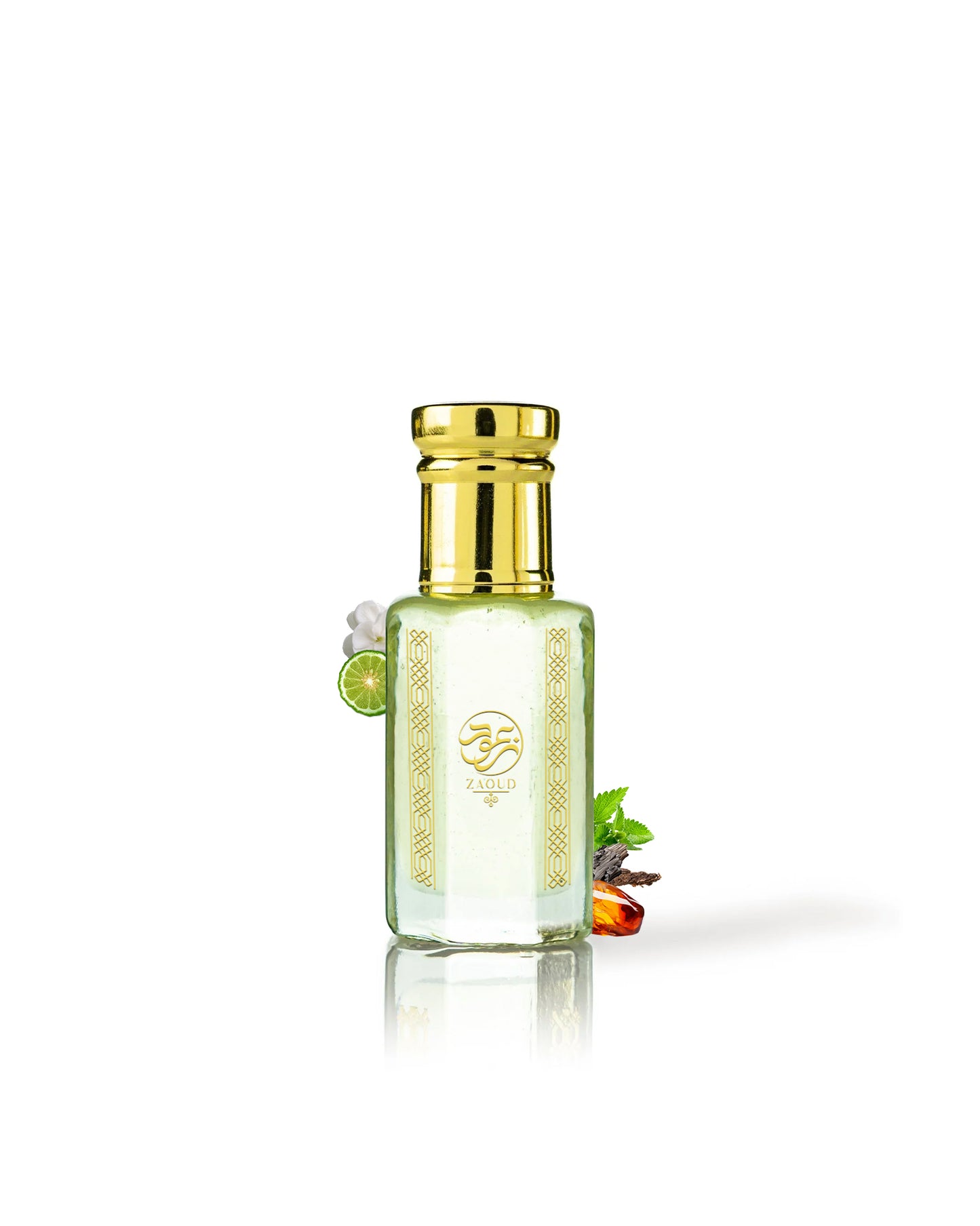buro men perfume oil bottle surrounded with fragrance notes like amber and citrus against white background
