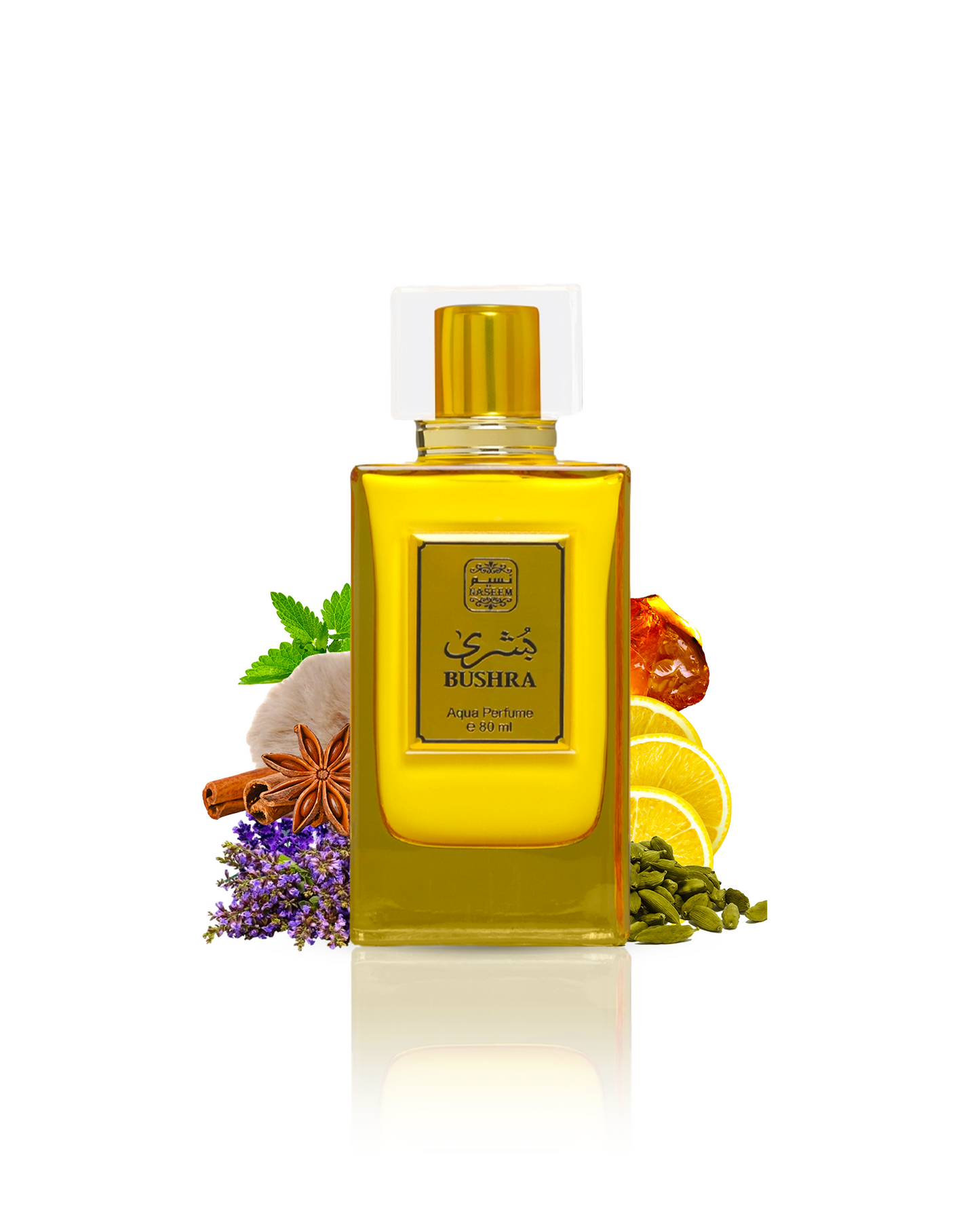 bushra aqua parfum bottle surrounded by cardamom lavendar against white background