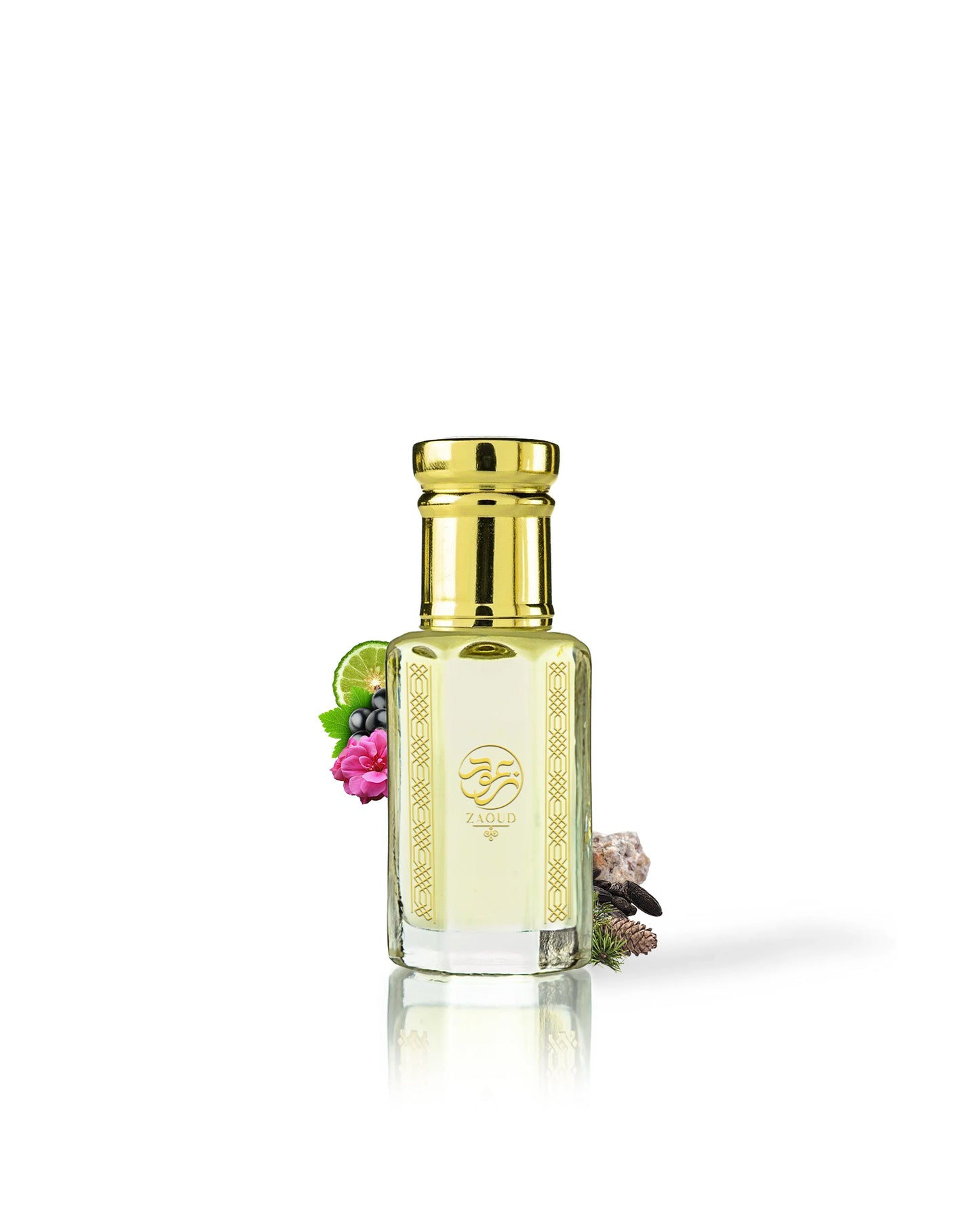 castor perfume oil bottle surrounded with fragrance notes like musk and black current shows from behind the bottle against white background