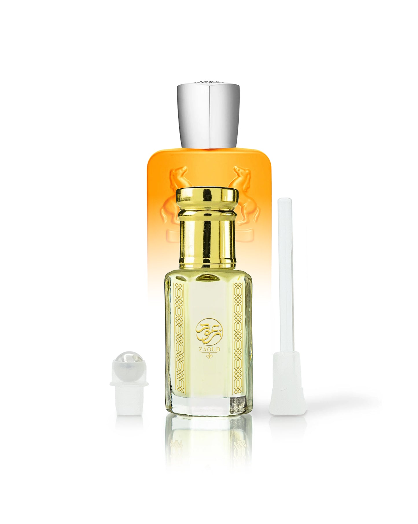 castor perfume oil bottle beside roller and stick with perseus parfums de marly bottle behind against white background