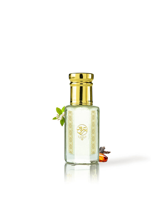 celestime perfume oil bottle surrounded with fragrance notes like orange blossom and amber against white background