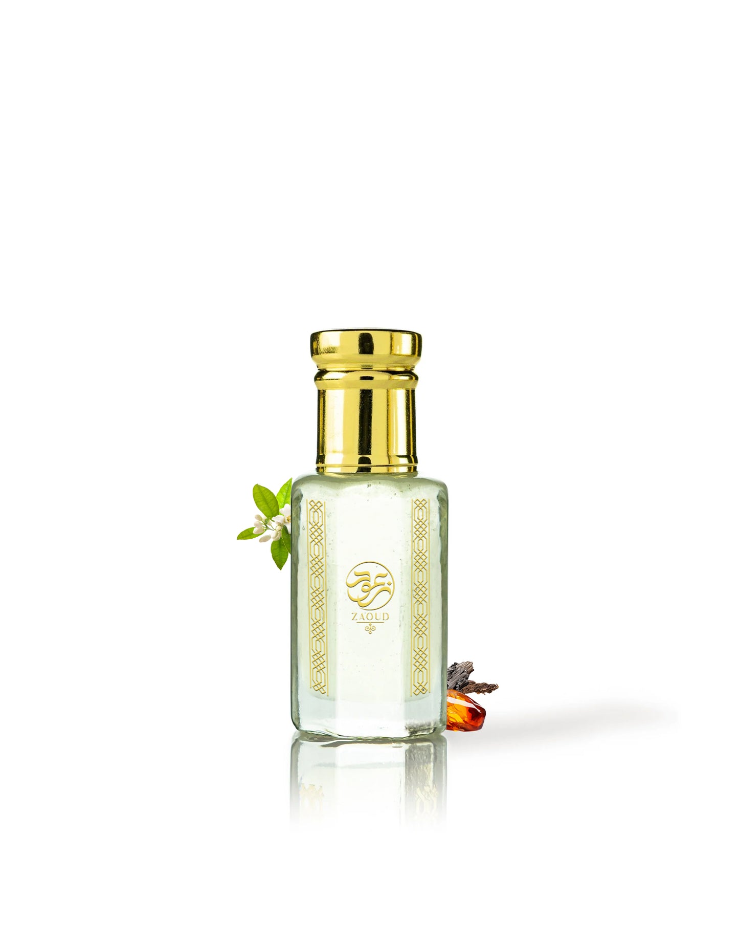celestime perfume oil bottle surrounded with fragrance notes like orange blossom and amber against white background
