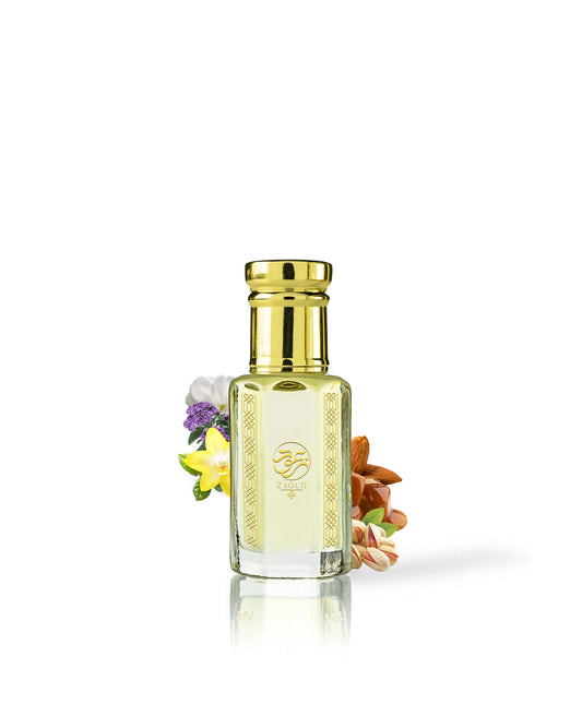 chiara perfume oil bottle surrounded with fragrance notes like pistachio and caramel against white background