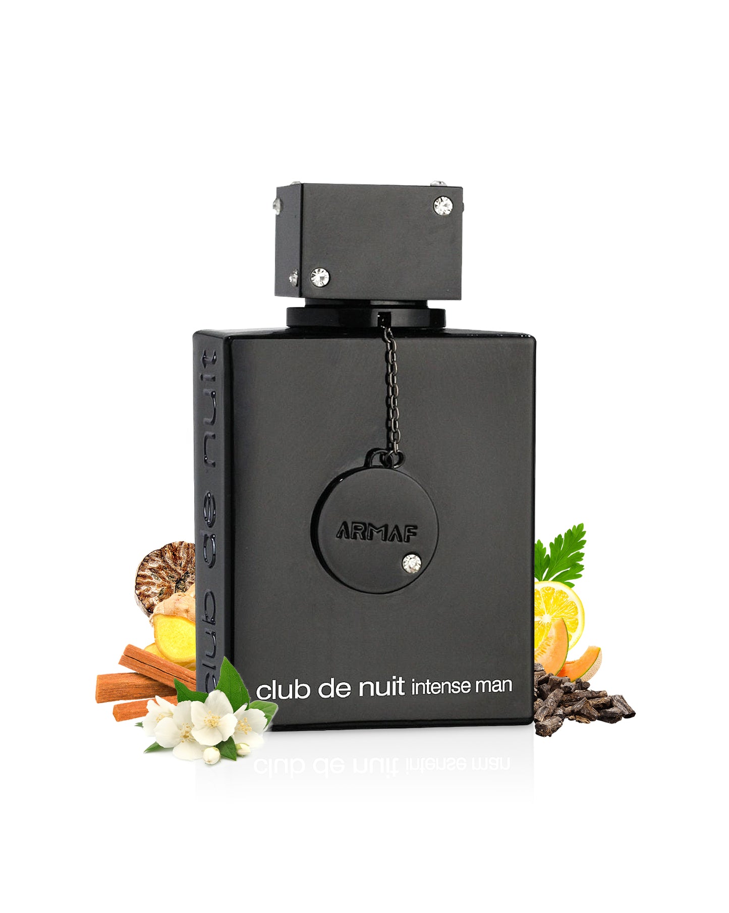 armaf club de nuit intense man parfum bottle surrounded with its ingredients like jasmine and lemon with many others shows from behind the bottle against white background