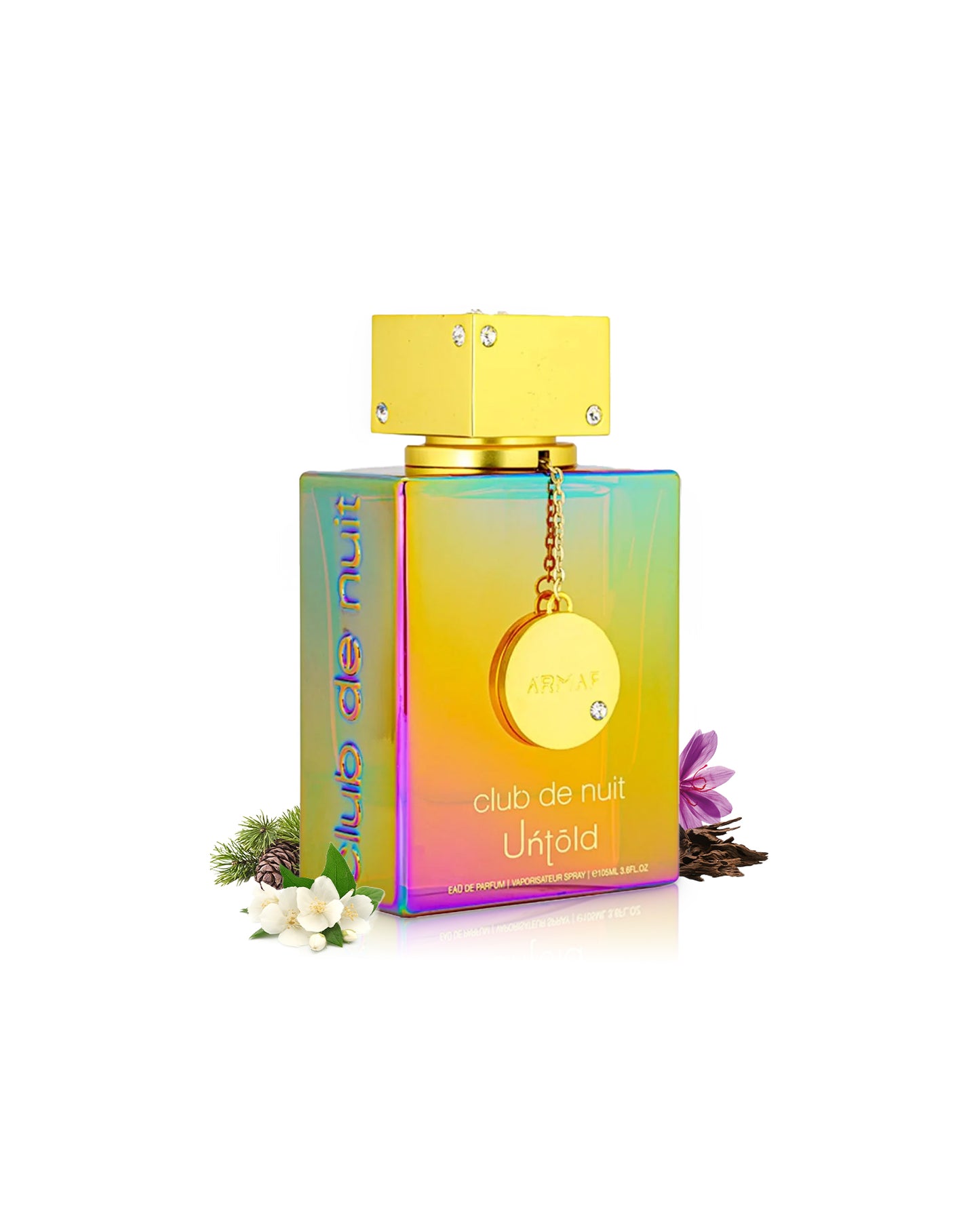 Armaf club de nuit untold Colorful perfume bottle surrounded by jasmine and oud with a yellow cap on a white background