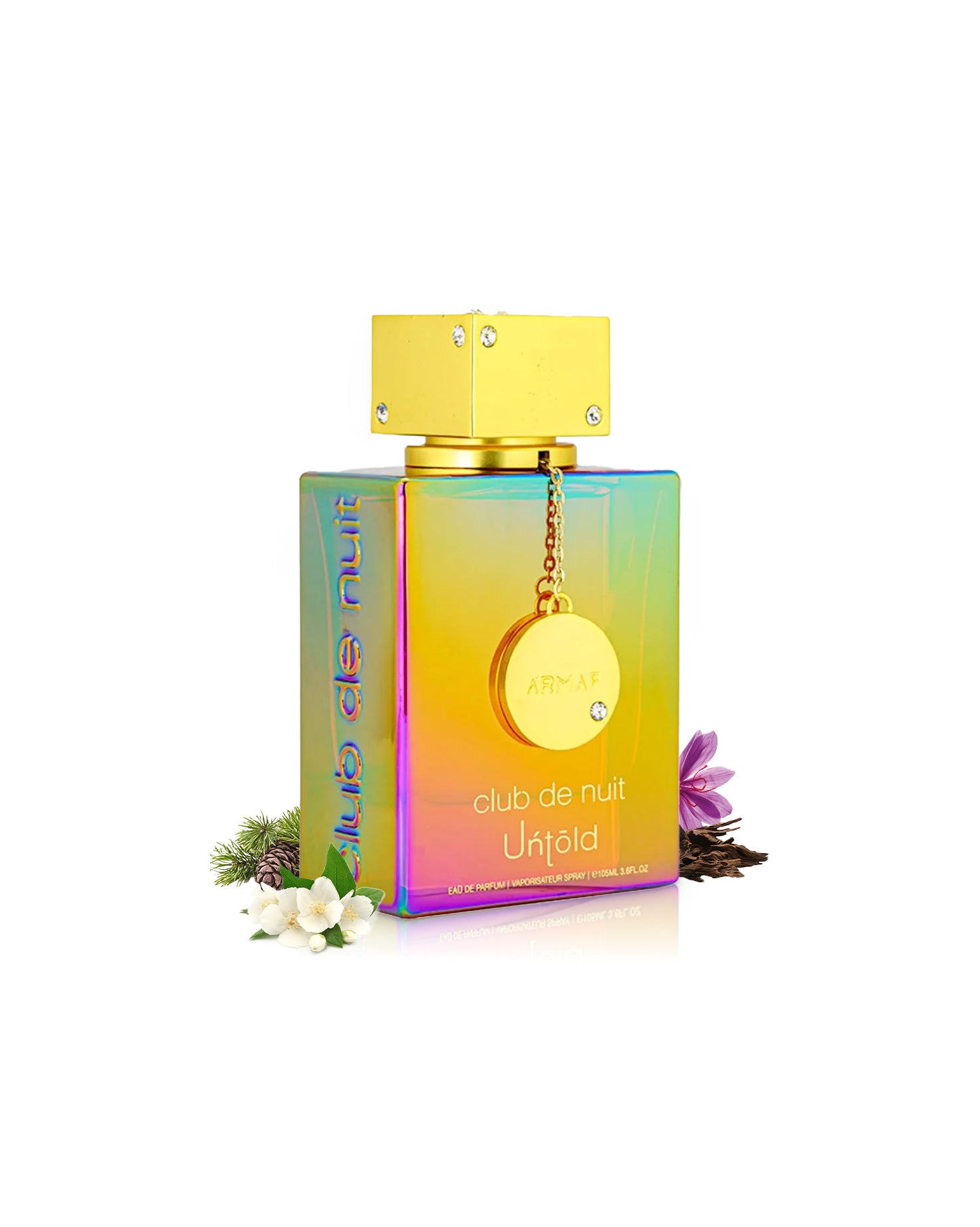 Armaf club de nuit untold Colorful perfume bottle surrounded by jasmine and oud with a yellow cap on a white background