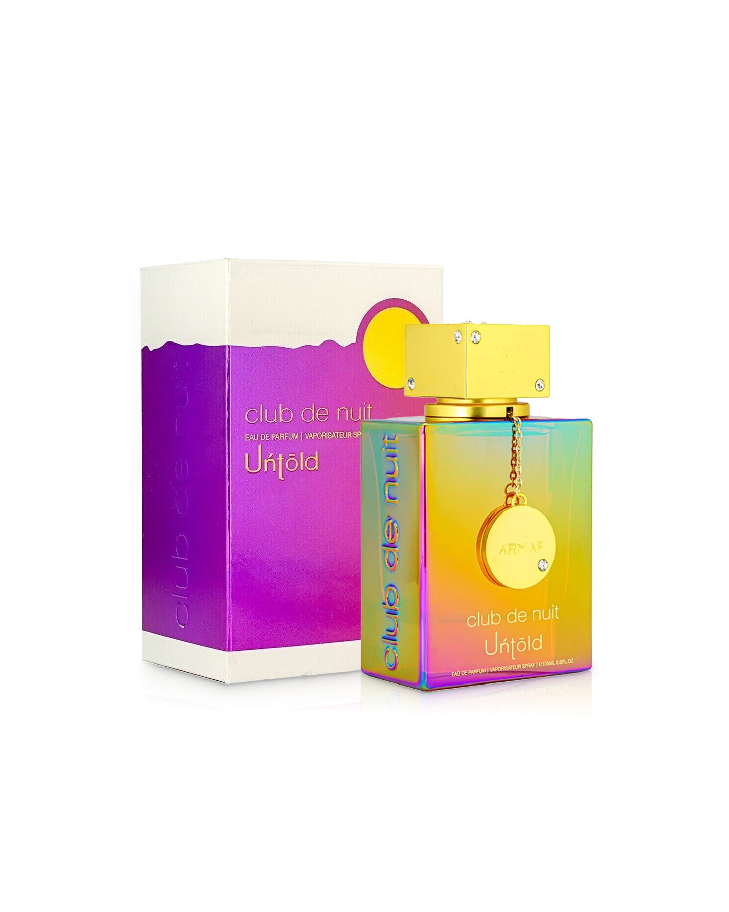 Armaf club de nuit untold Colorful perfume bottle and packaging with 'club de nuit' branding on a white background