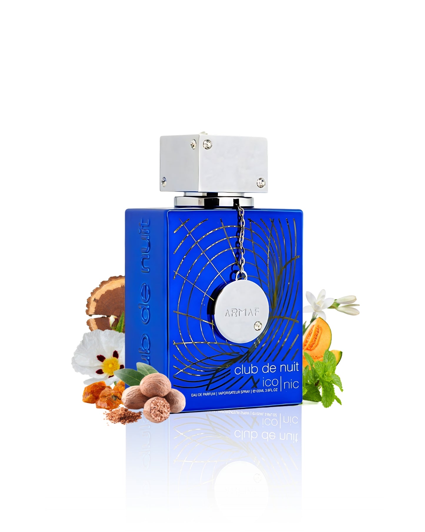 club de nuit blue iconic perfume bottle surrounded by nutmeg melon mint against white background