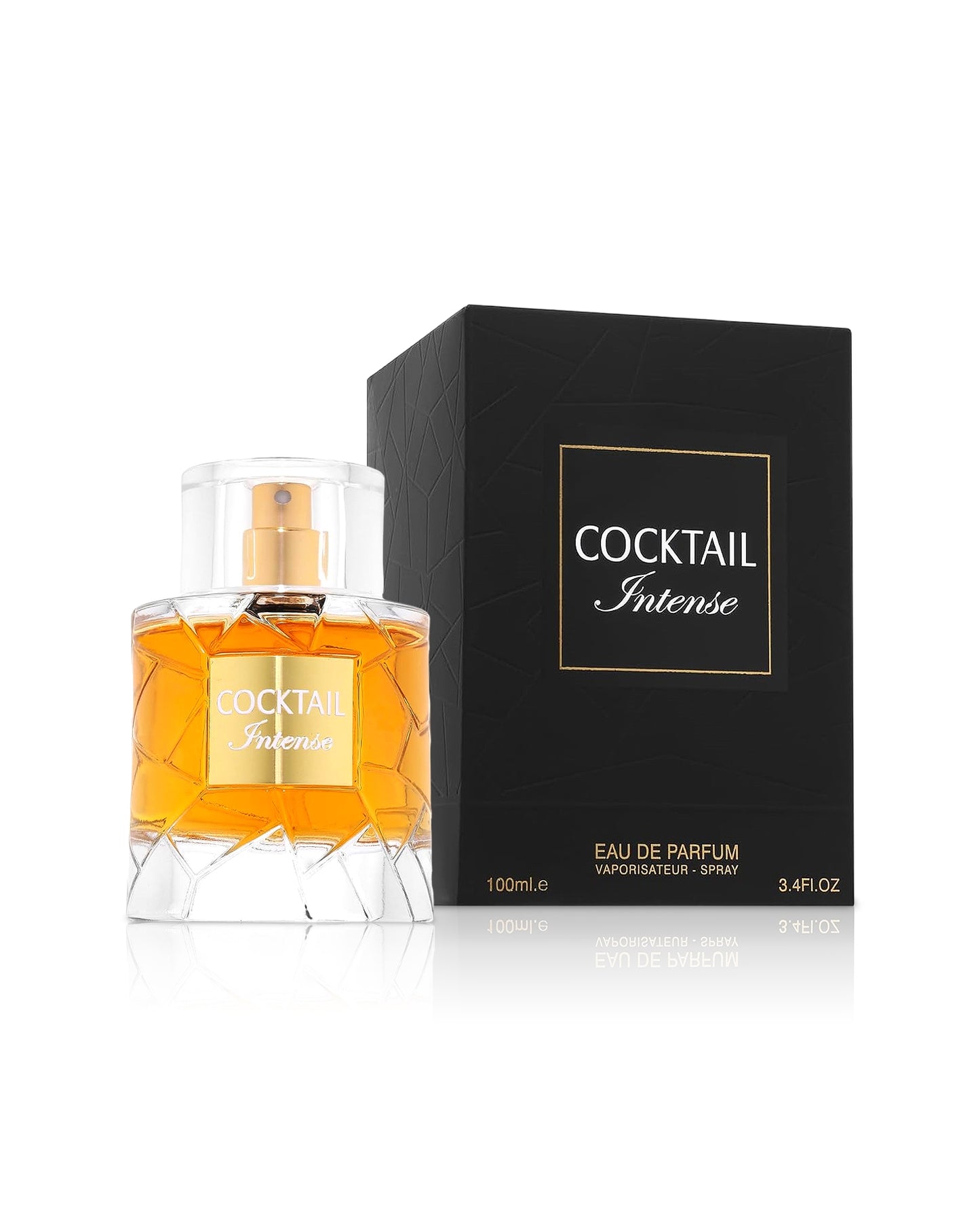 fragrance world cocktail intense perfume bottle shows beside its box against white background