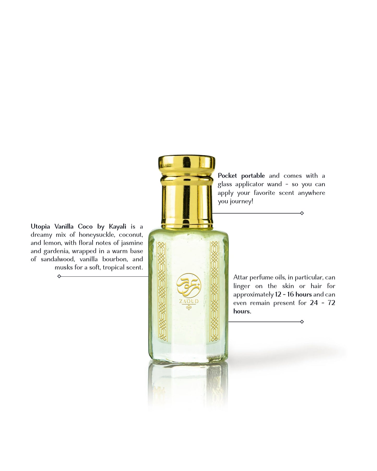 cocotopia perfume oil bottle beside written fragrance informations against white background