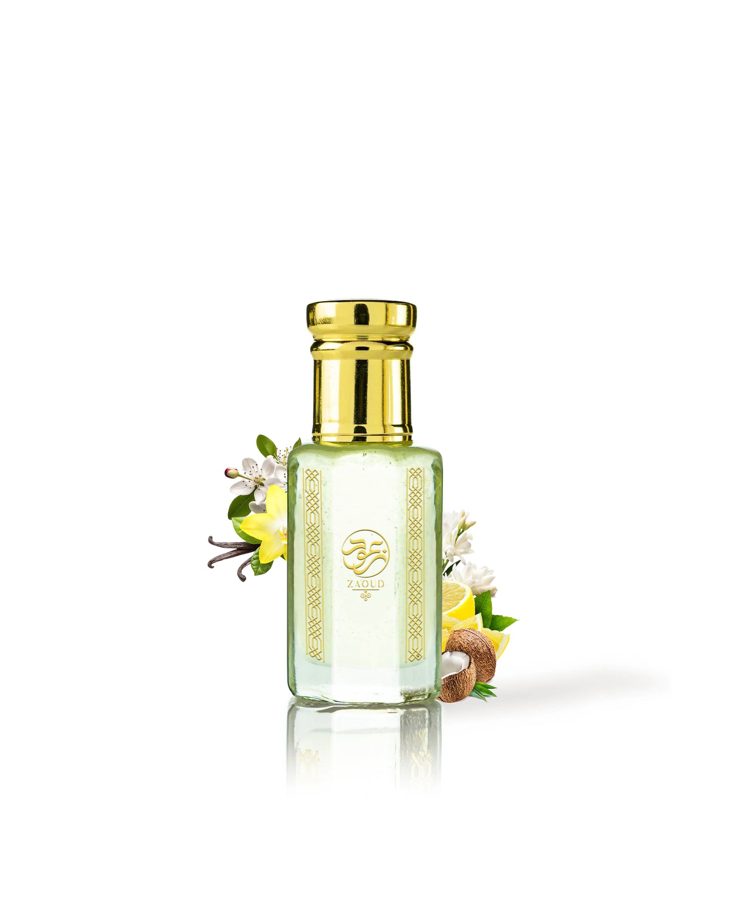 cocotopia perfume oil bottle aurrounded with fragrance notes like vanilla and coconut from behind the bottle against white background
