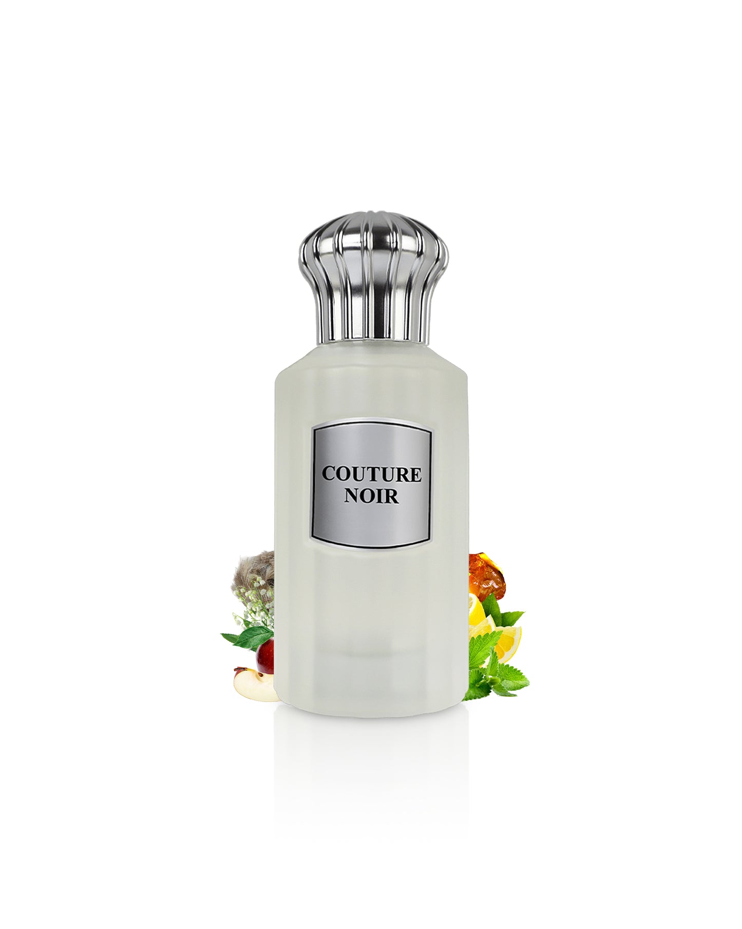 ahmed al maghribi couture noir perfume bottle surrounded with fragrance notes like apple and mint shows from behind the bottle against white background