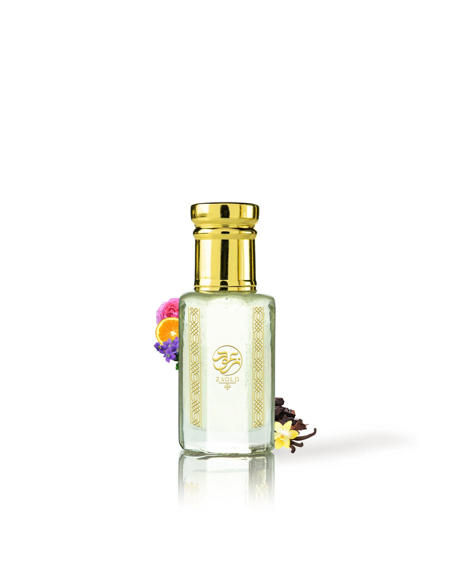 crimson ganach perfume bottle surrounded with fragrance notes like vanilla and chocolate from behind the bottle against white background