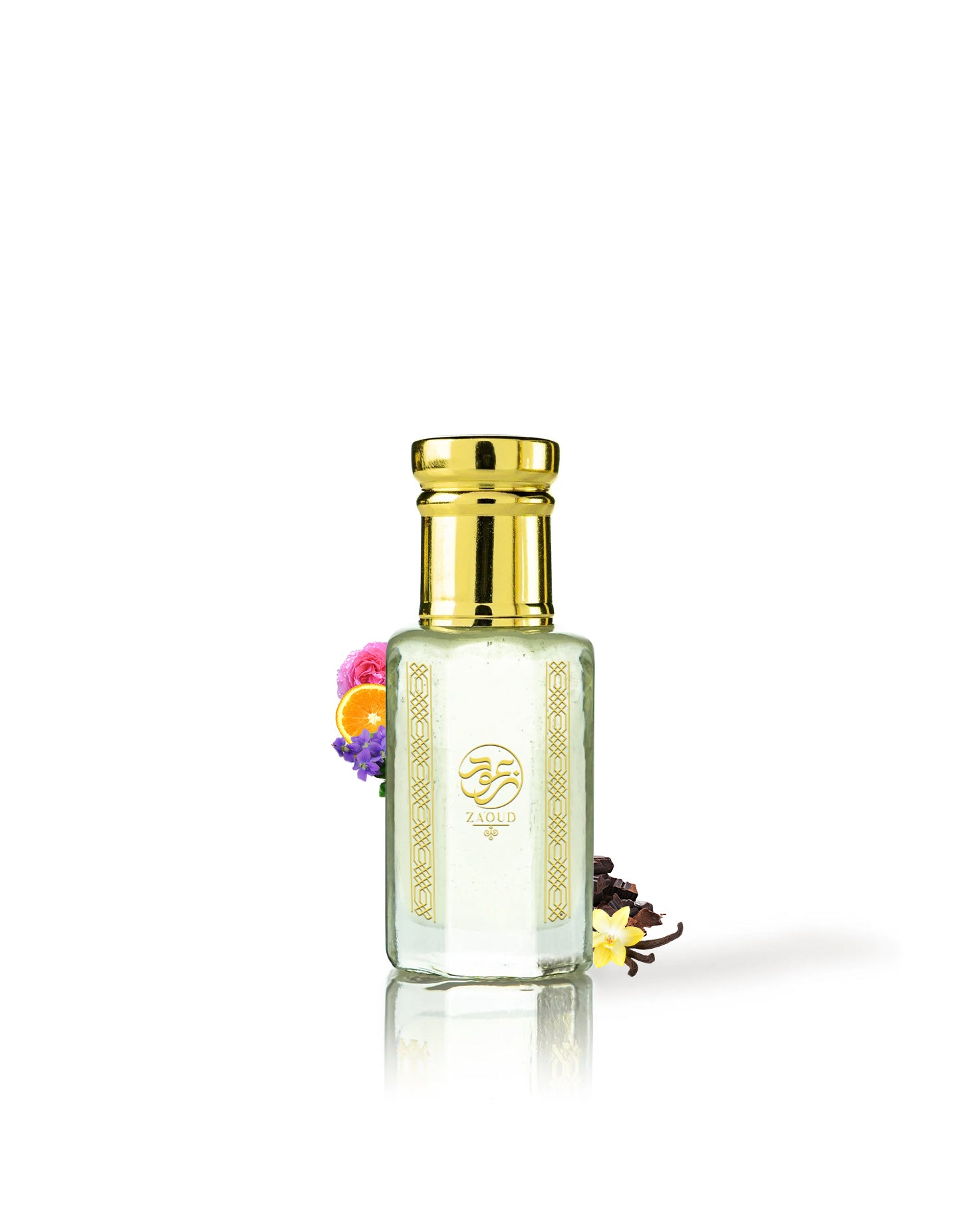 crimson ganach perfume bottle surrounded with fragrance notes like vanilla and chocolate from behind the bottle against white background