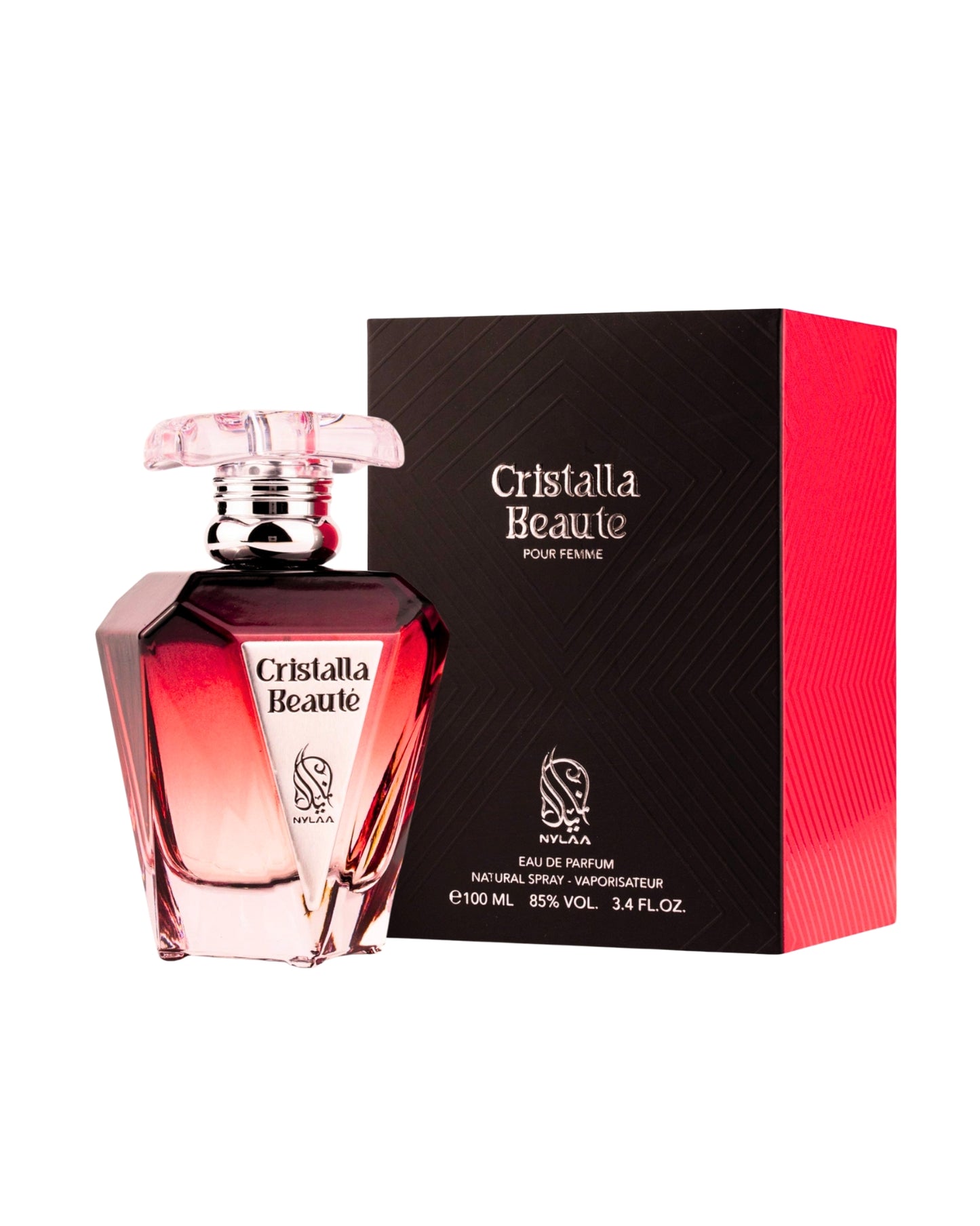 cristalla beaute edp perfume bottle and box against white background