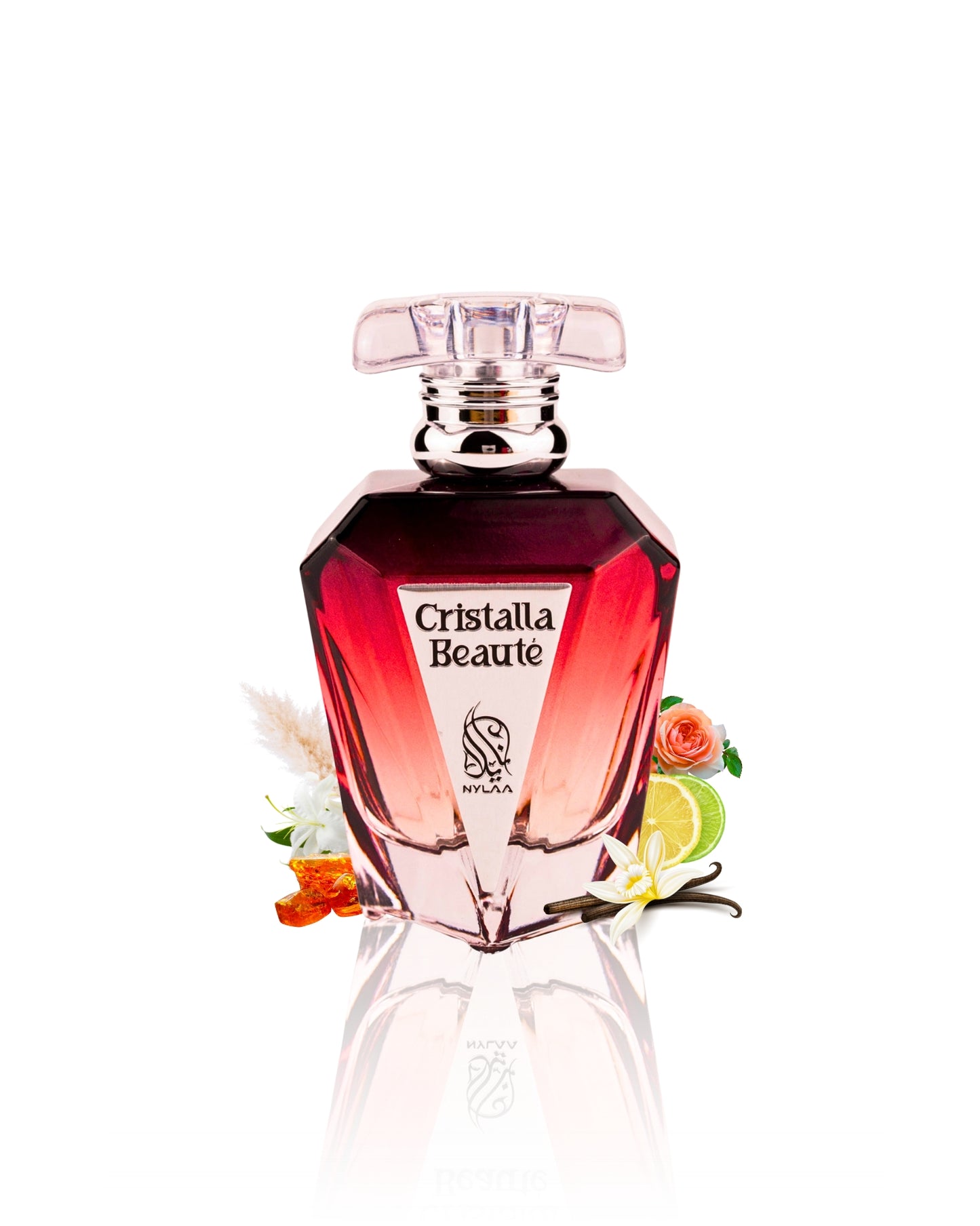 cristalla beaute edp perfume bottle surrounded by vanilla jasmine against white background