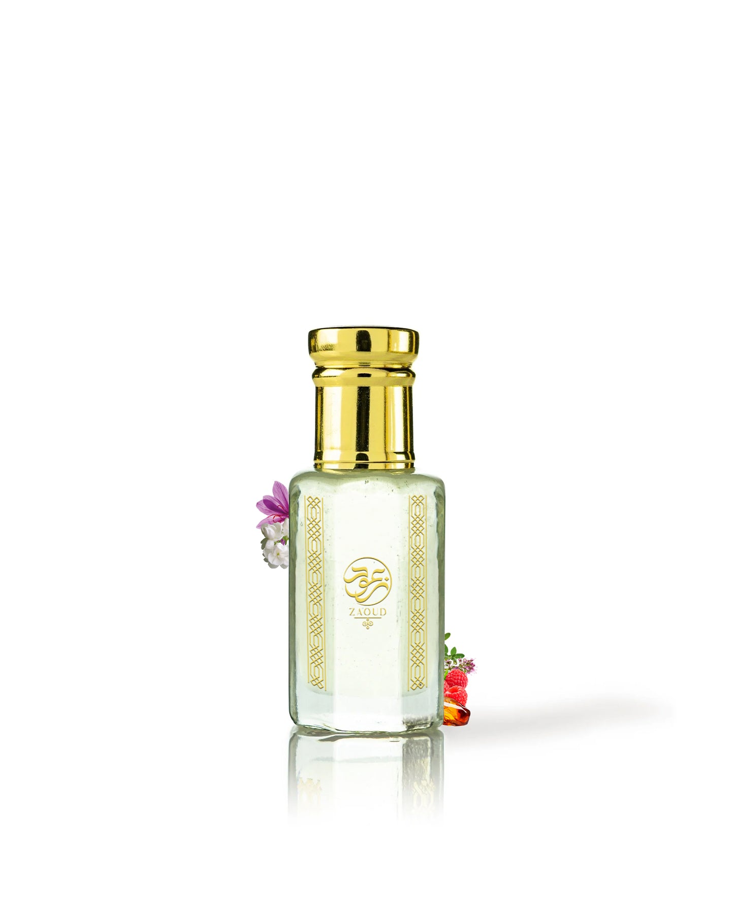 curiano perfume oil bottle surrounded with fragrance notes like amber and saffron against white background