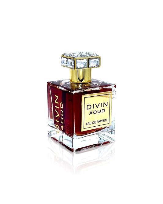 divin aoud perfume bottle shows against white background