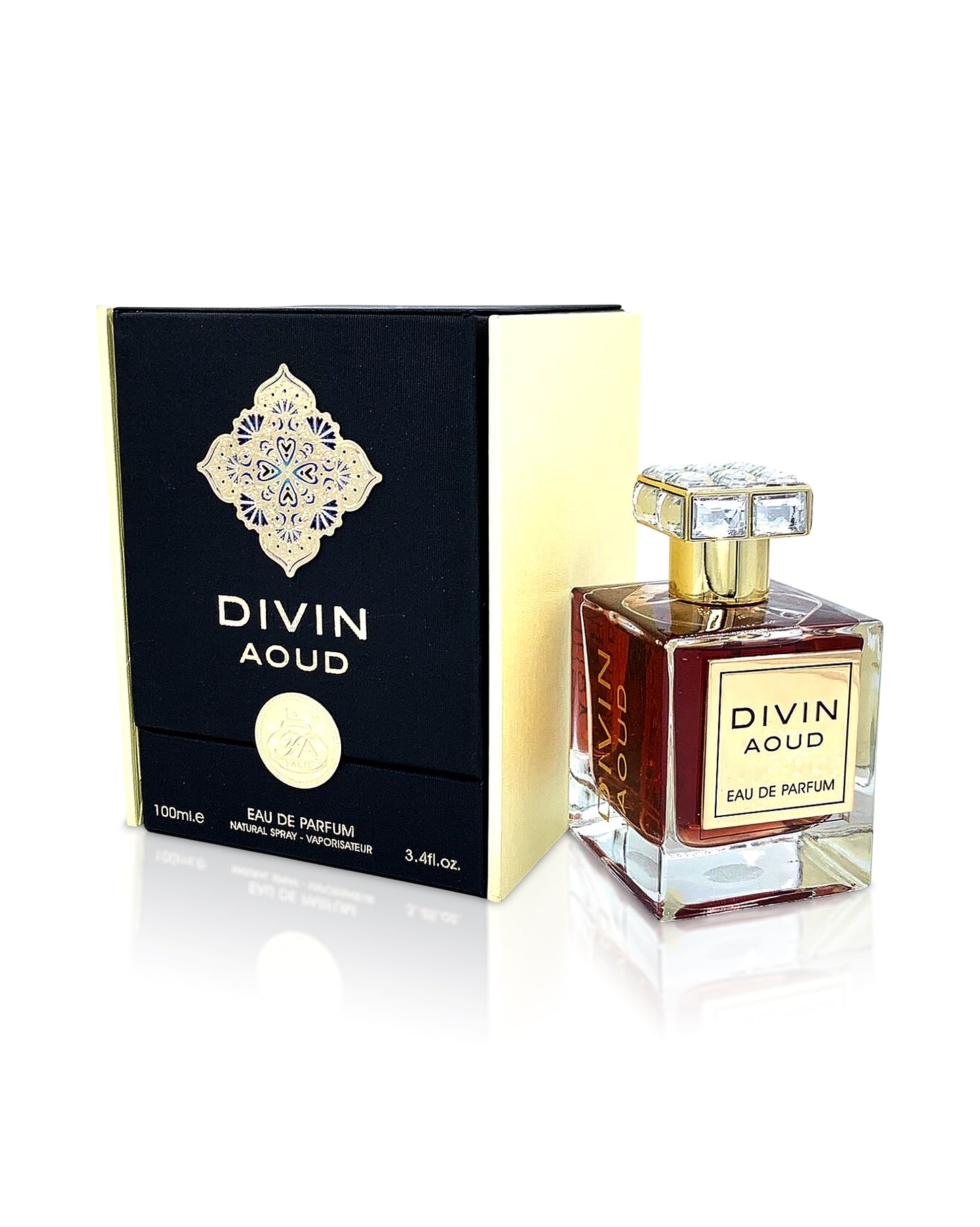 divin aoud perfume bottle shows beside its box against white background