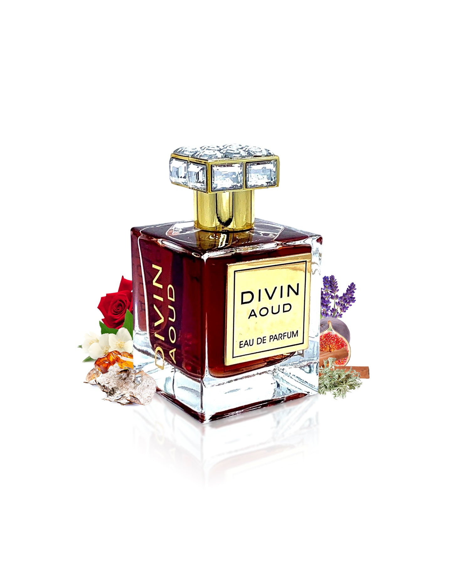 divin aoud perfume bottle surrounded with fragrance note like fruits and rose shows against white background